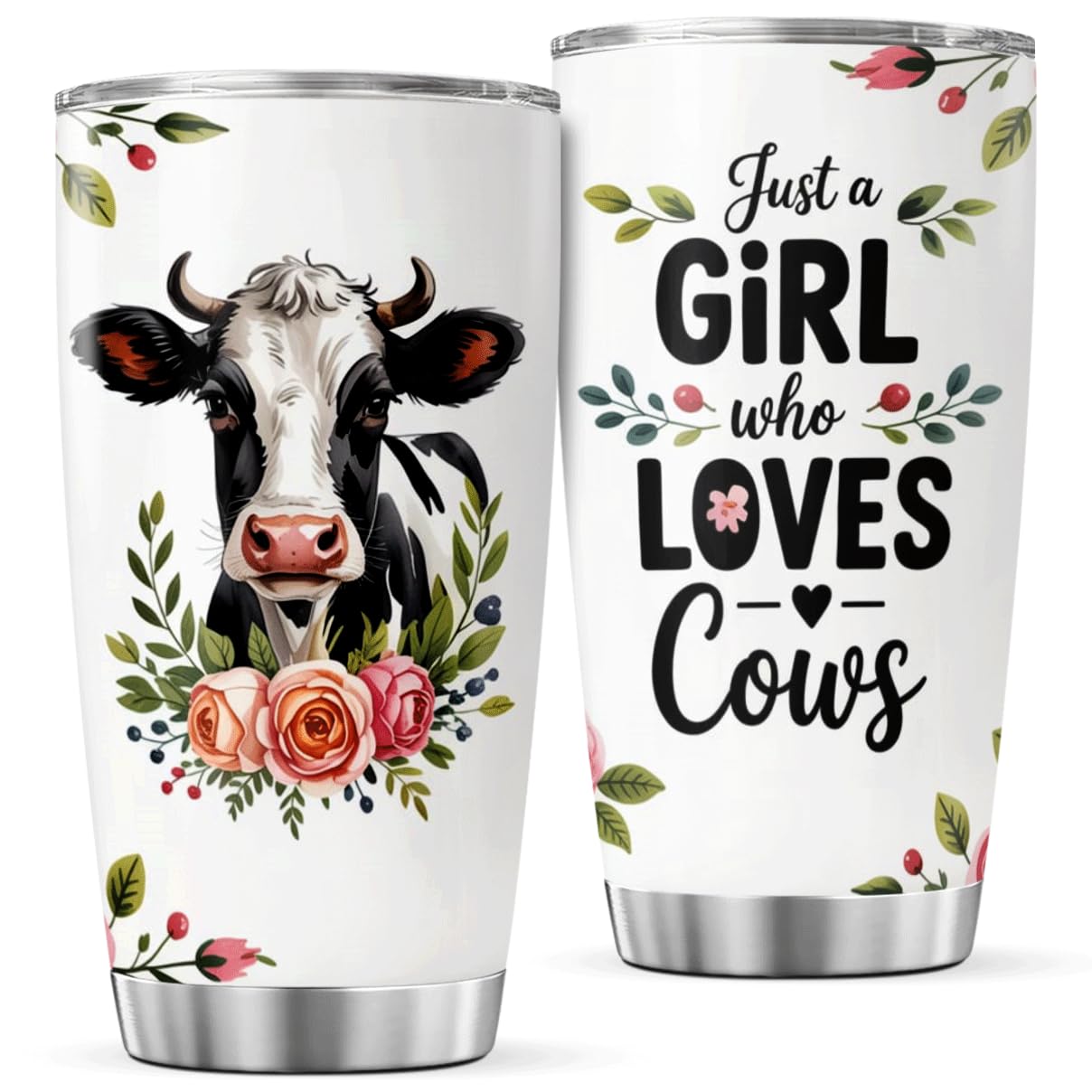 Just A Girl Who Loves Cows Floral Cow Design 20 Oz Tumbler Stainless Steel Gift For Farm Girls Animal Lovers Country Women Trave