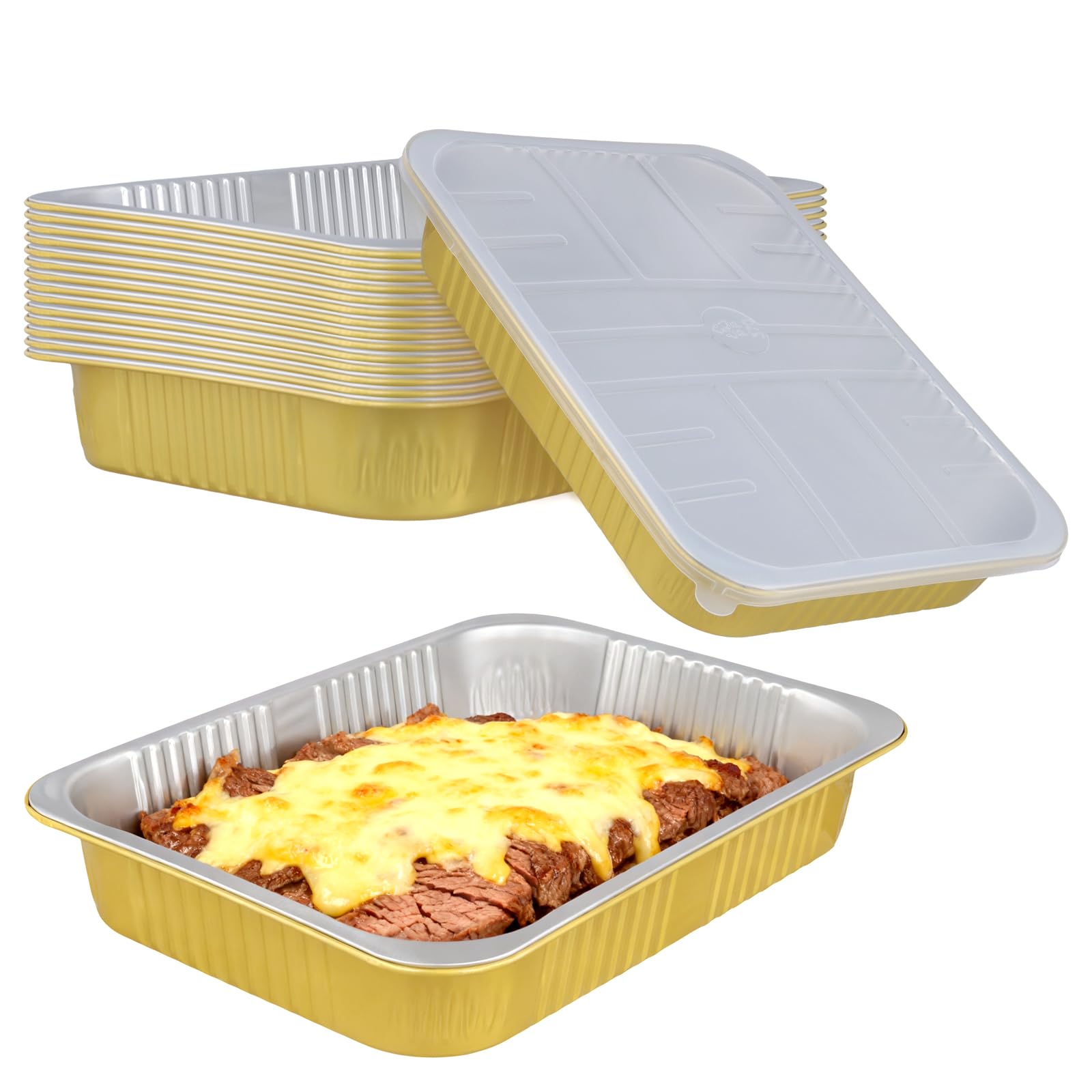 SINJEUN 15 Pack 14 x 10 Inch Gold Aluminum Foil Pans, Foil Baking Pans, Square Foil Pans with Lids for Cooking, Baking, BBQ, Mea