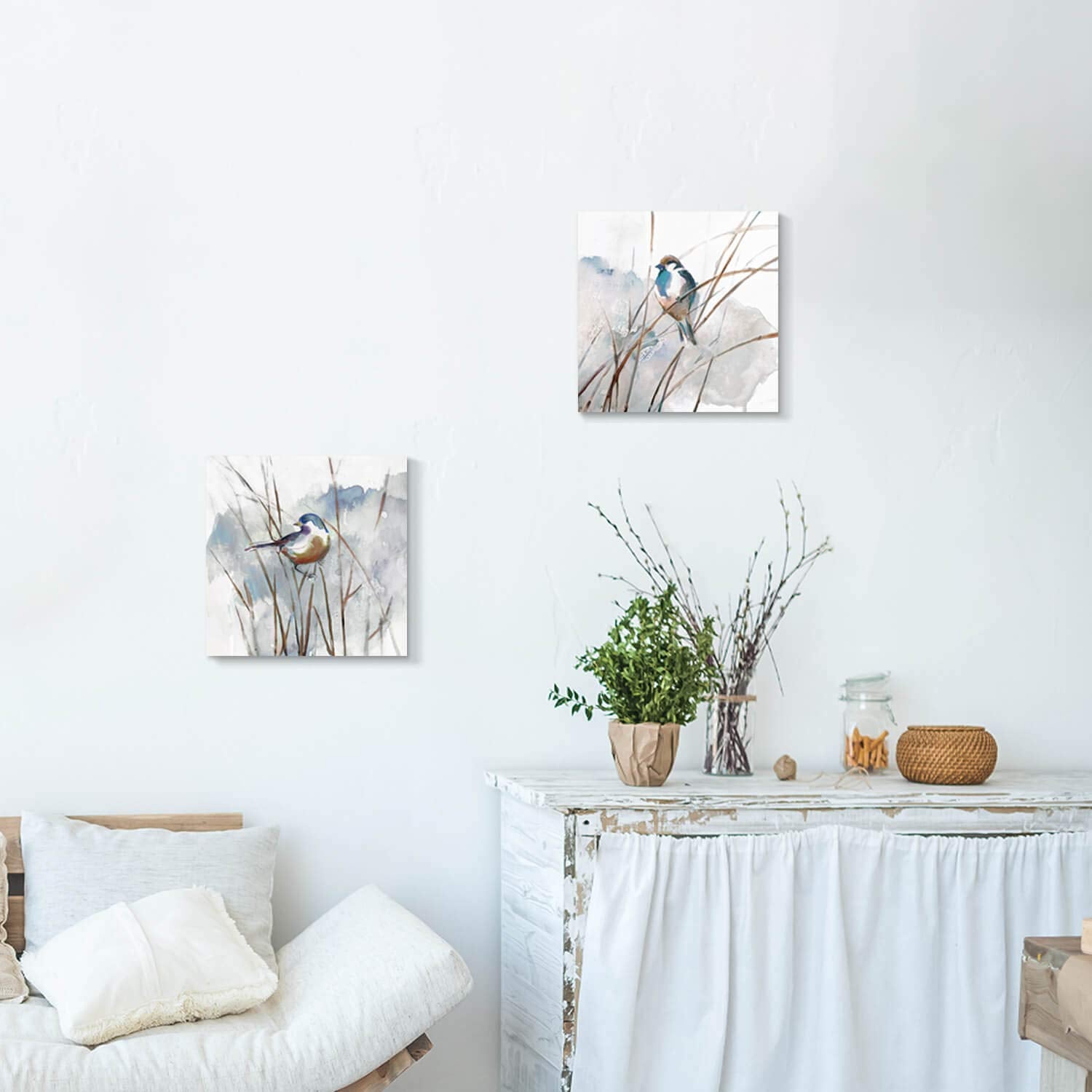 Abstract Picture Bird Wall Art: Animal Birds On Reed Watercolor Artwork Prints On Canvas For Bedroom (12    X 12    X 2 Panels)