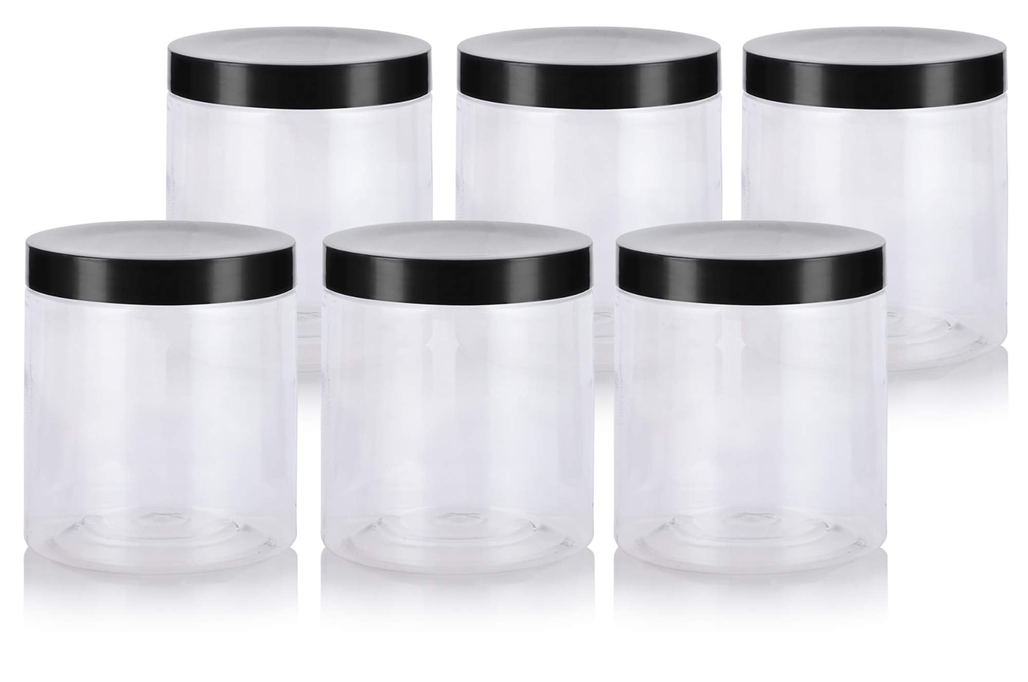 (6 pack) Clear PET Plastic Jar with Black Smooth Lids 19 oz Refillable Storage