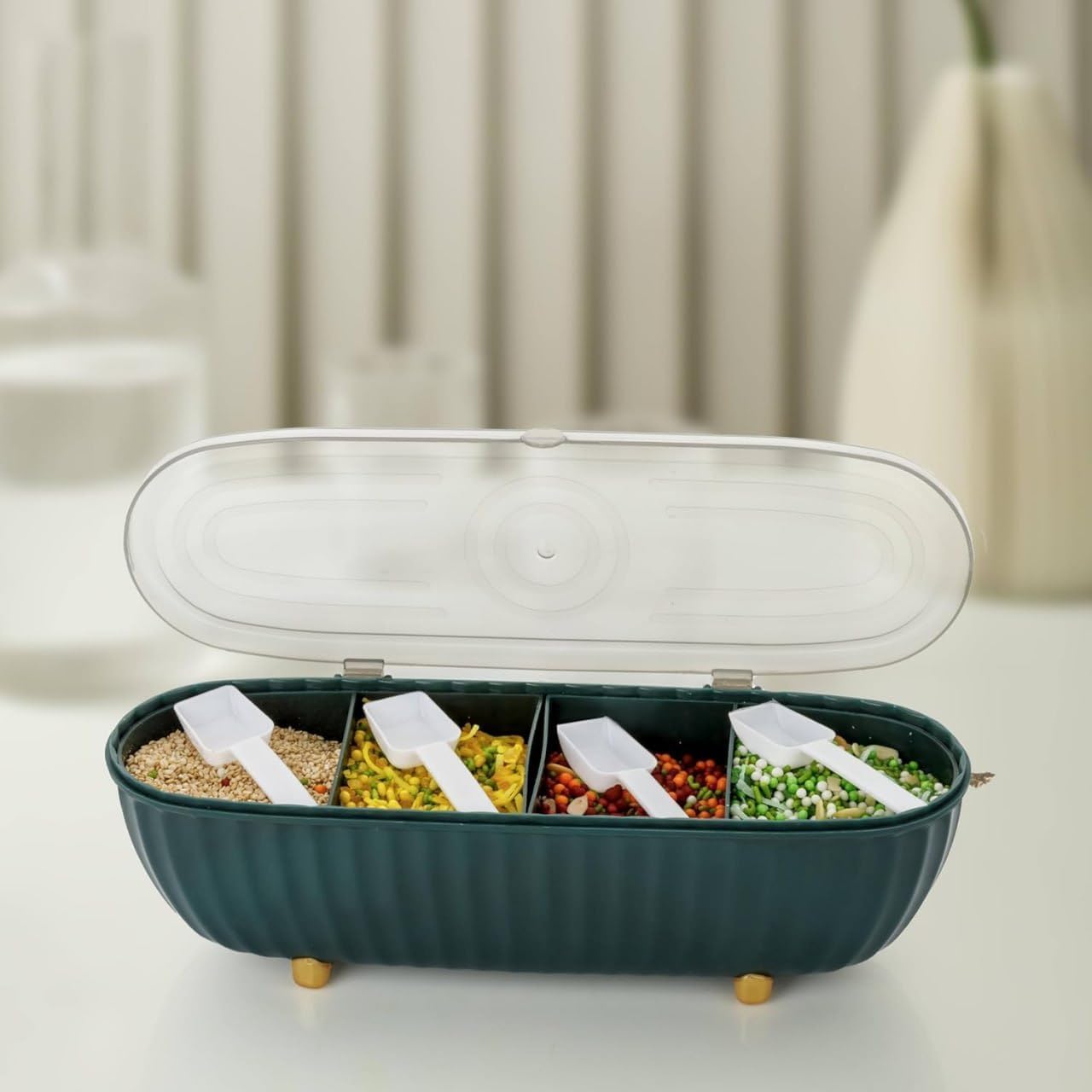 Heyol Four Grid Integrated Plastic Seasoning Box Spice Box With Spoon For Kitchen Plastic 4 Grid Seasoning Spice Box For Dining 