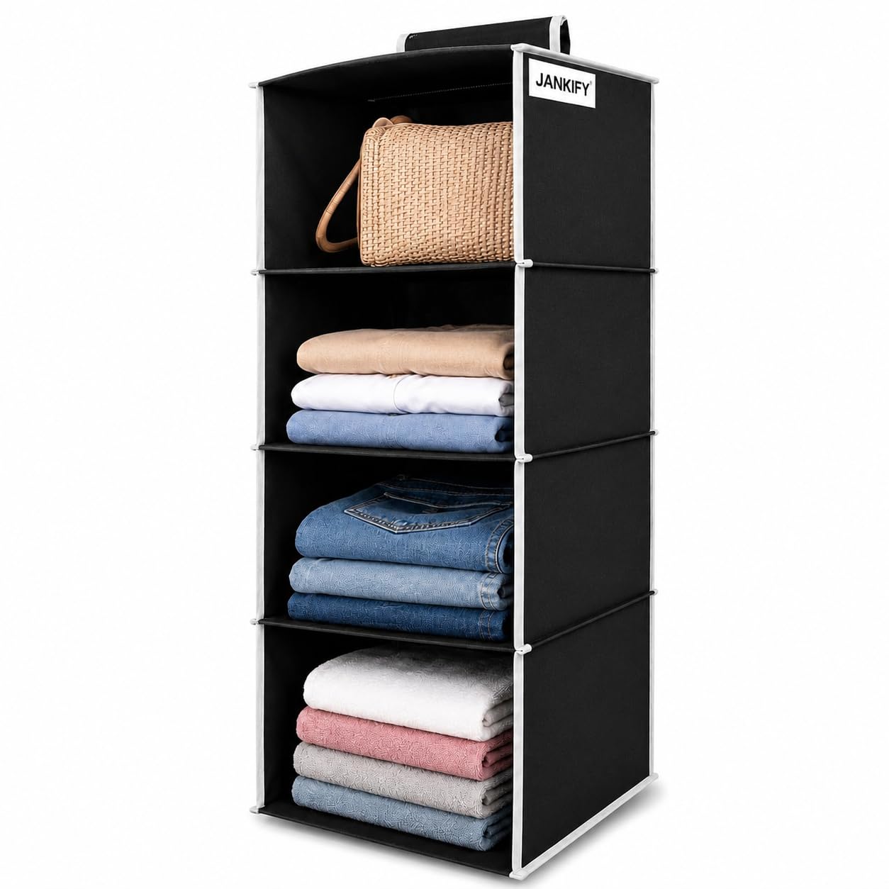 Jankify 4Shelf Hanging Closet Organiser | Foldable NonWoven Fabric Wardrobe Storage Shelves For Clothes & Accessories | Space 