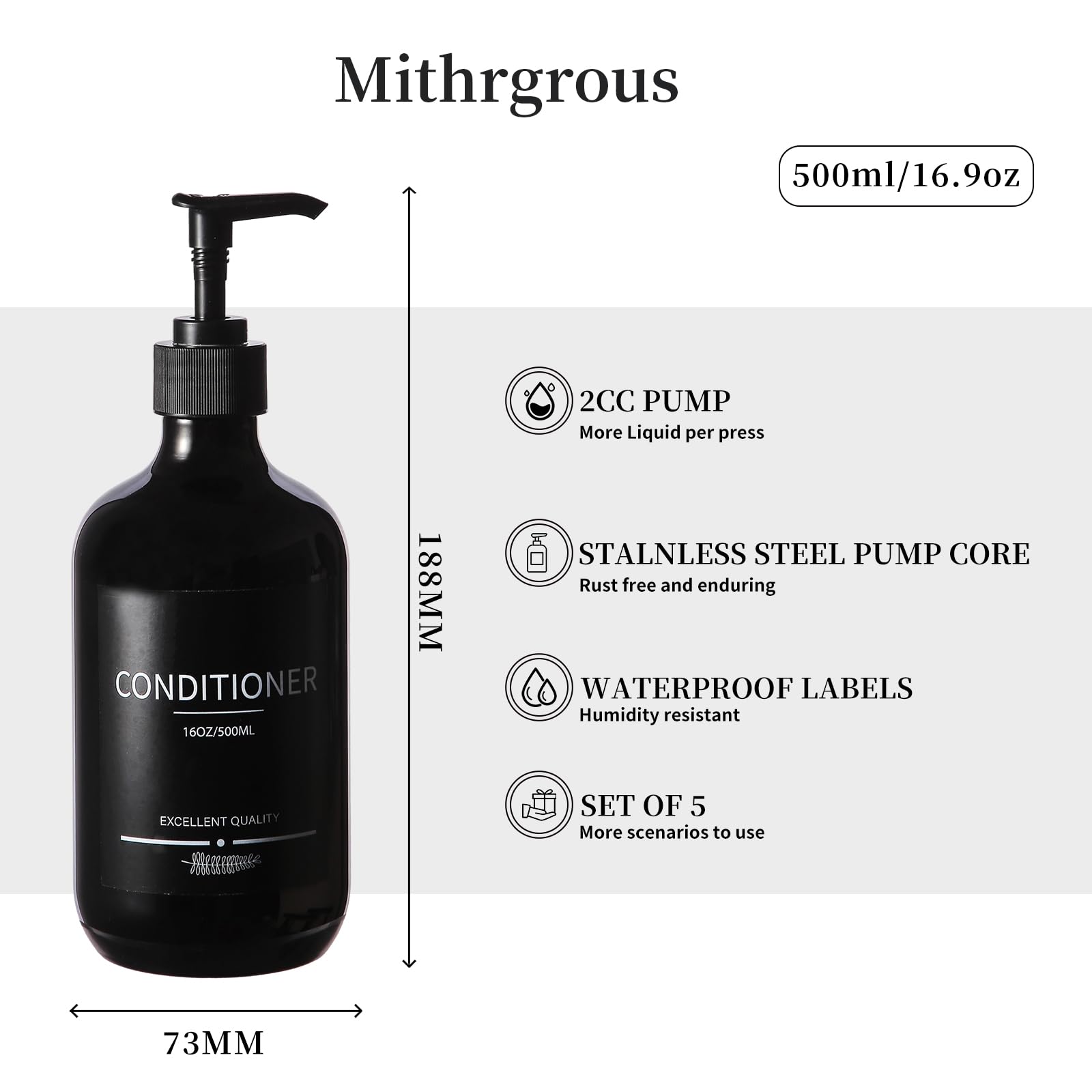 Mithrgrous (5Pack) Black Shower Bottles Refillable With Labels, 16.9Oz Reusable Shampoo And Conditioner Bottles,Shampoo Dispense
