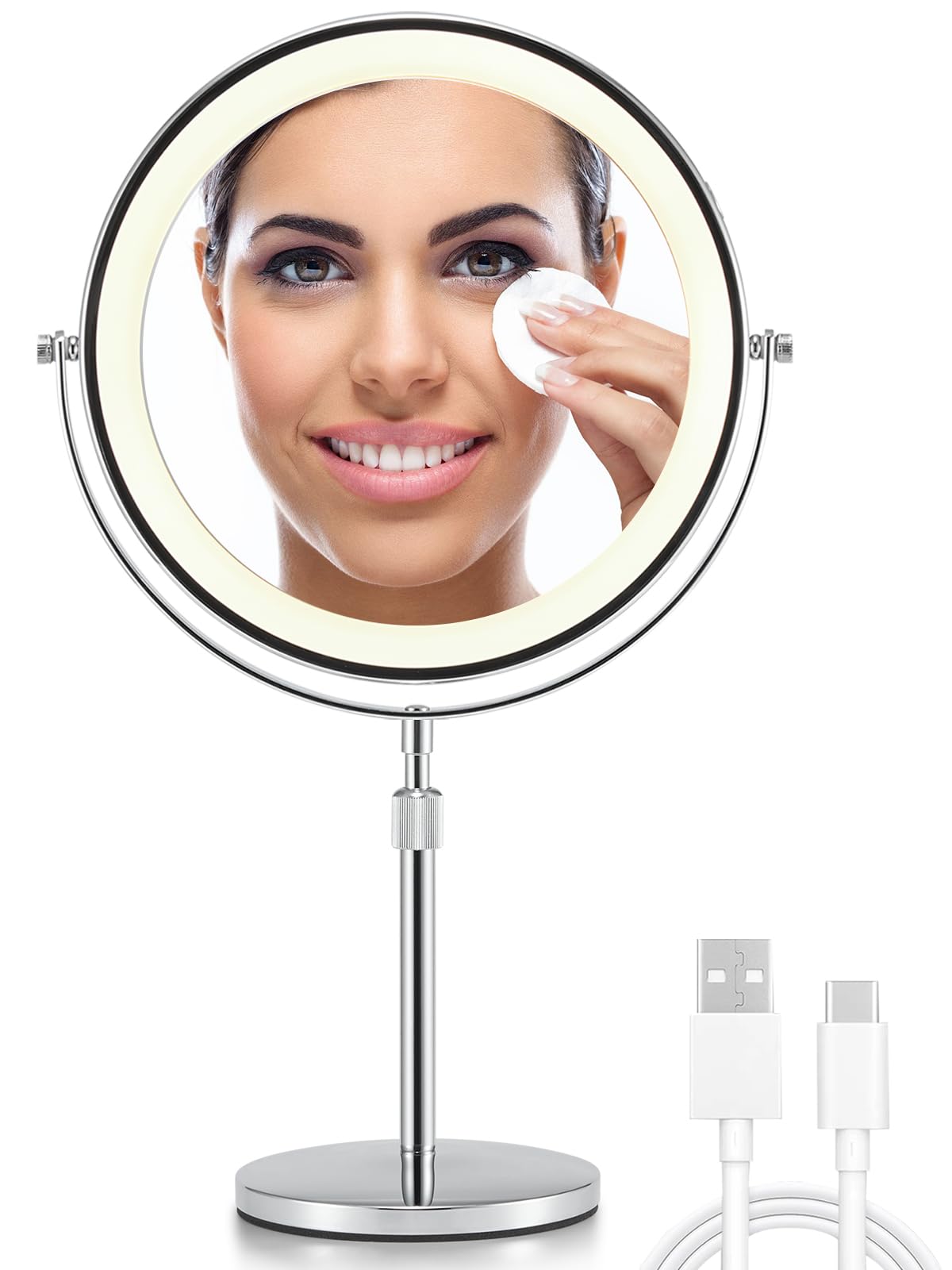 Omiro 8.5 Inches Lighted Mirror With 3X/10X Magnifications, Double Sided Swivel Vanity Makeup Mirror With Height-Adjustable Stan