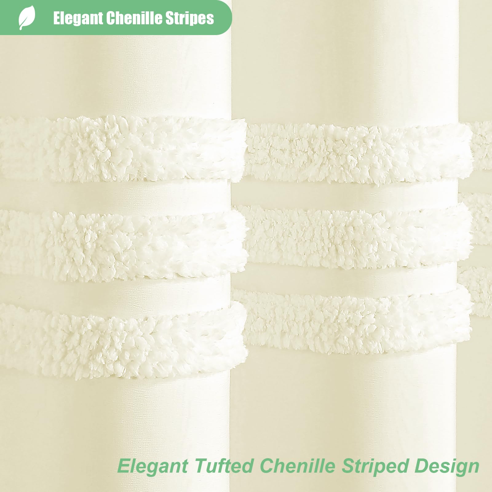 Dynamene Cream Fabric Shower Curtain, Tufted Chenille Striped Textured Cloth Shower Curtains For Bathroom, Boho Farmhouse Shabby