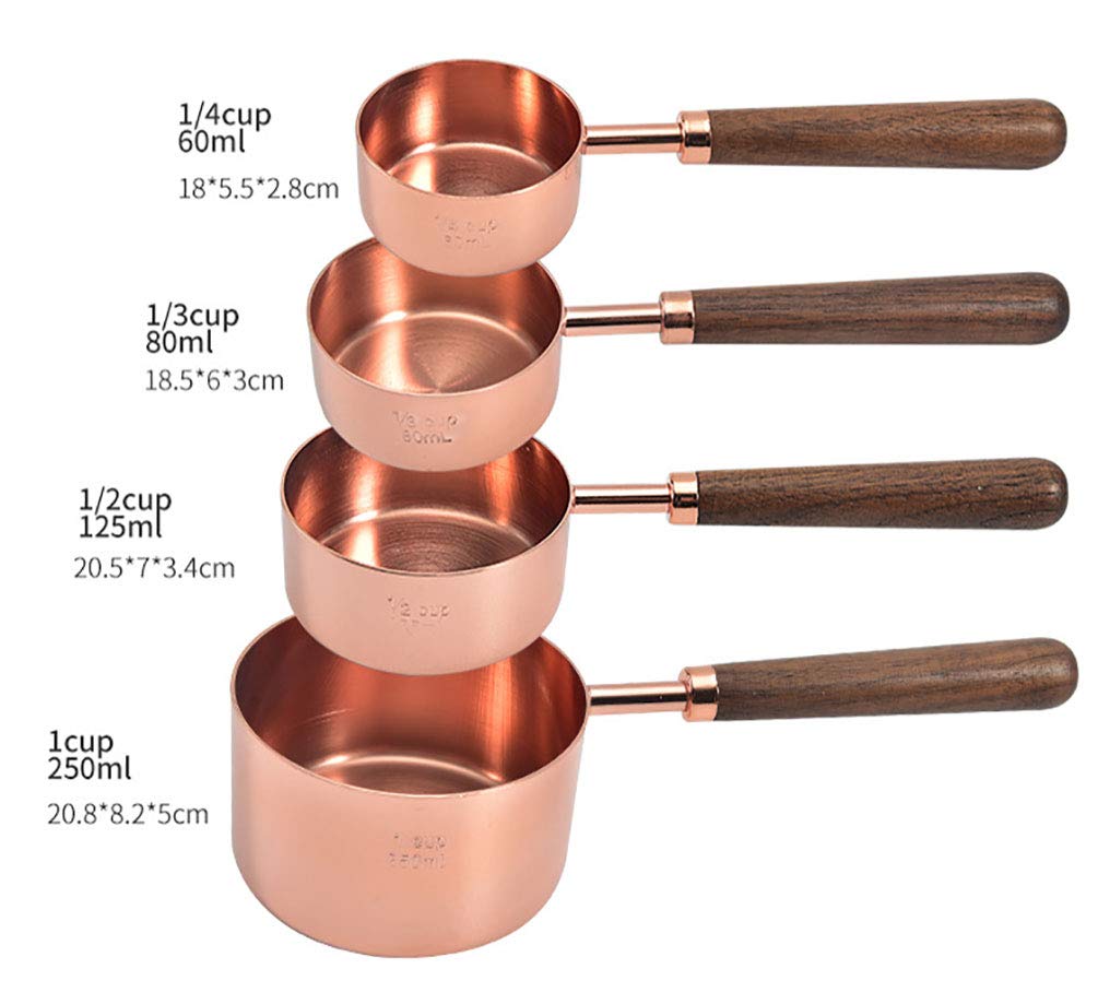 Goeielewe Set of 4 Copper-Plated Stainless Steel Measuring Cups with Walnut Handle - 1/4, 1/3, 1/2, 1 Cup Sizes