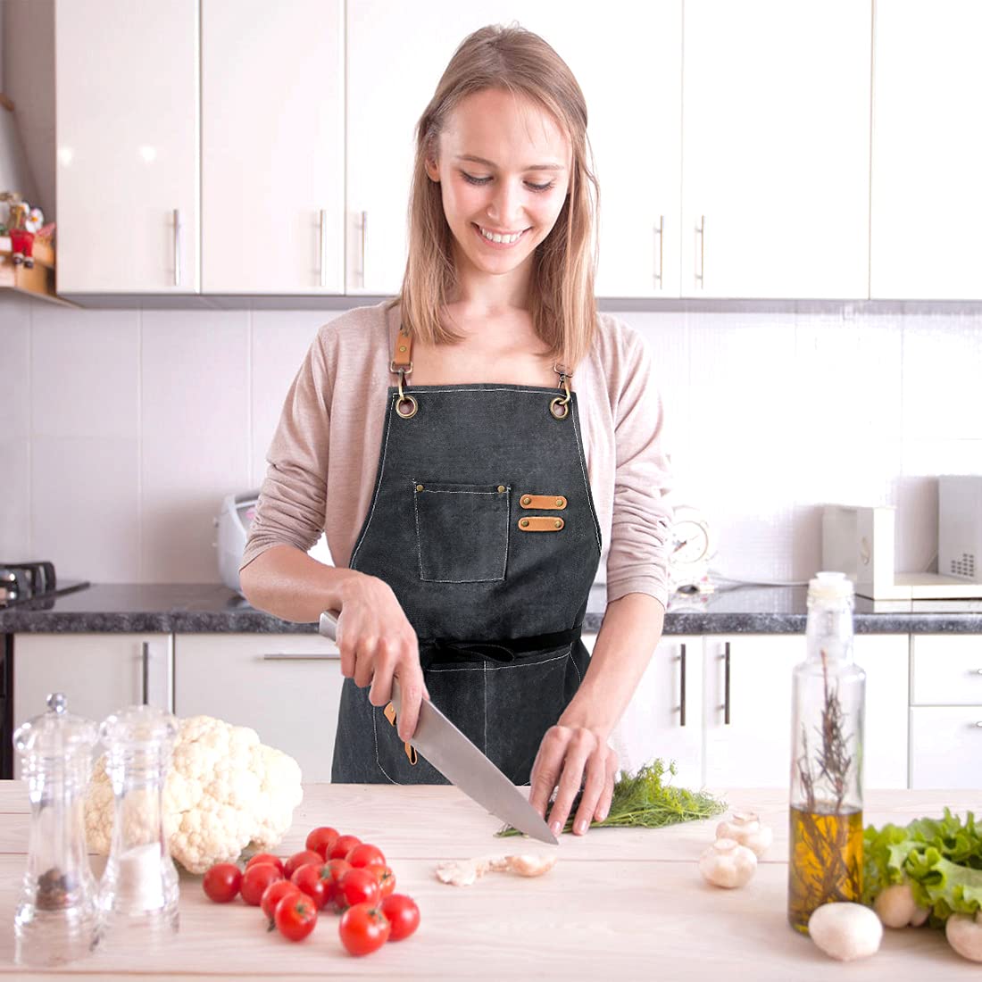 Zomao Chef Apron,Cross Back Apron For Women And Men,Cotton Canvas Apron With Adjustable Straps And Large Pockets,Kitchen Cooking