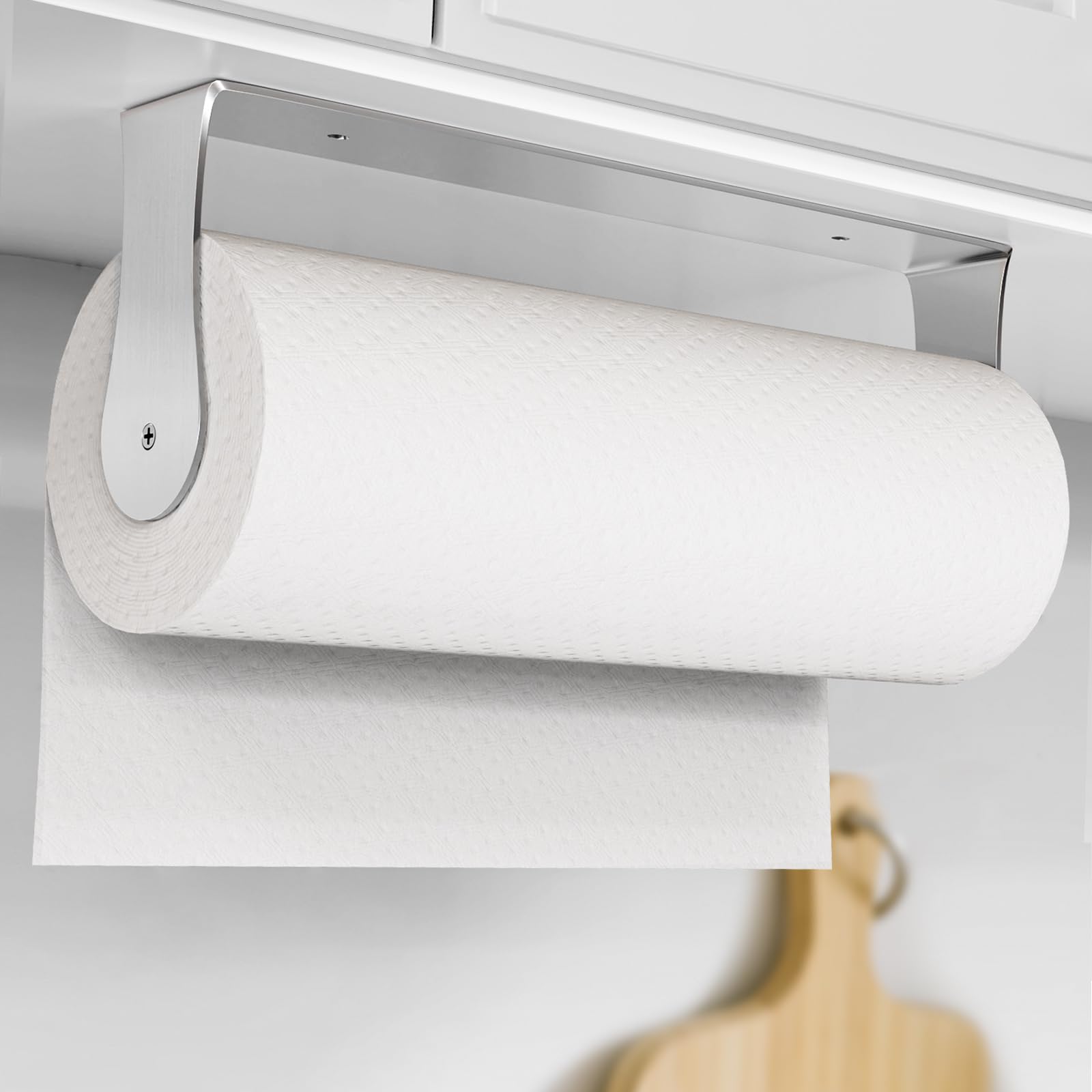 HZE Paper Towel Holder Under Cabinet, Wall Mount, Stainless Steel Paper Towel Holder for Kitchen and Bathroom, Adhesive or Screw