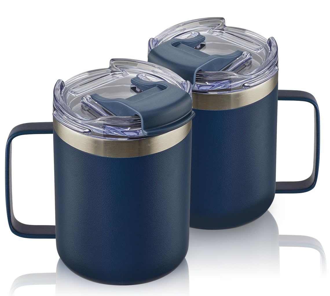 Aloufea 12Oz Stainless Steel Insulated Coffee Mug With Handle, Double Wall Vacuum Tumbler Cup With Fliping Lid, Navy, 2 Pack