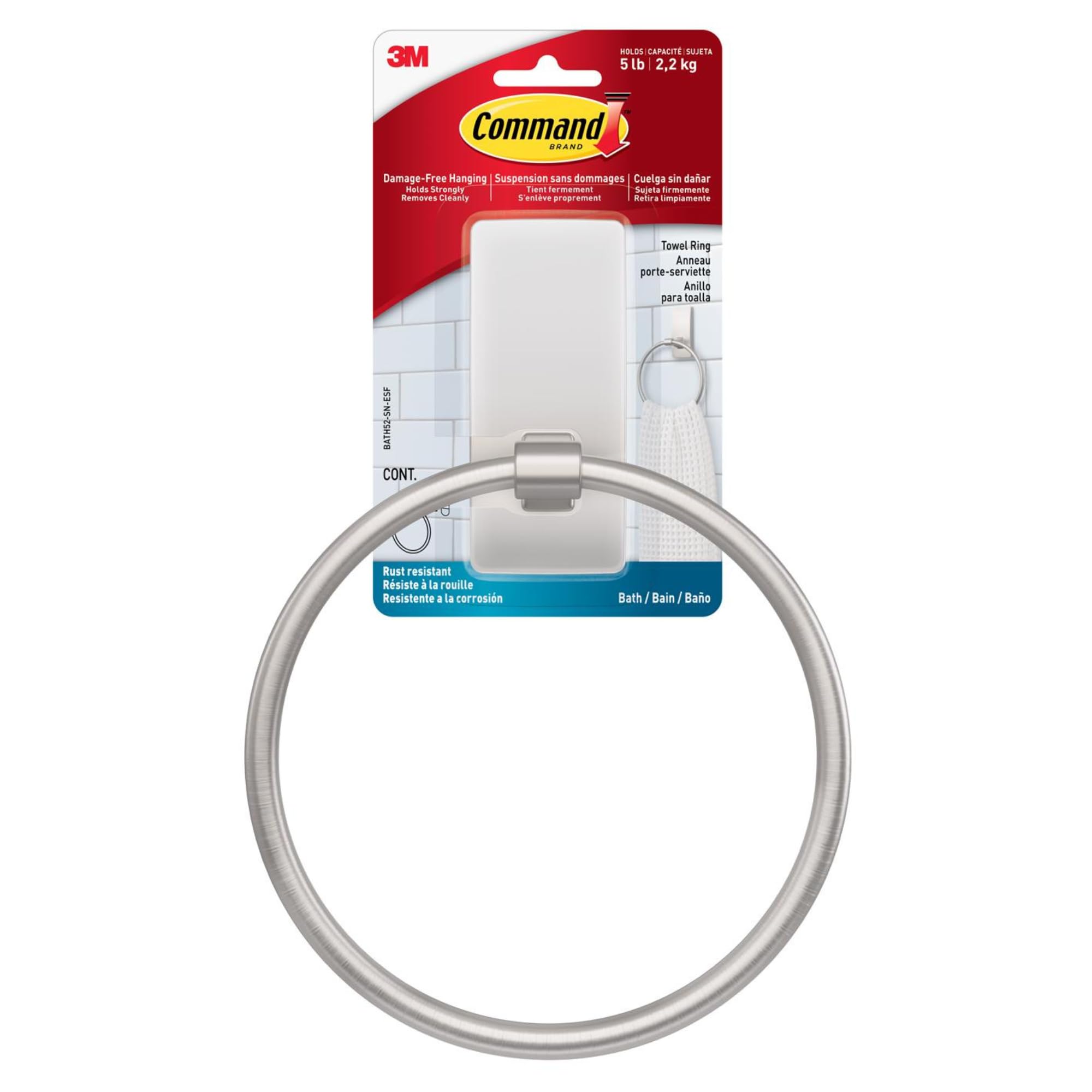 Command Hand Towel Holder Satin Nickel With Water Resistant Command Strips, Rust Resistant Bathroom Organizer, Holds Up To 5 Lbs