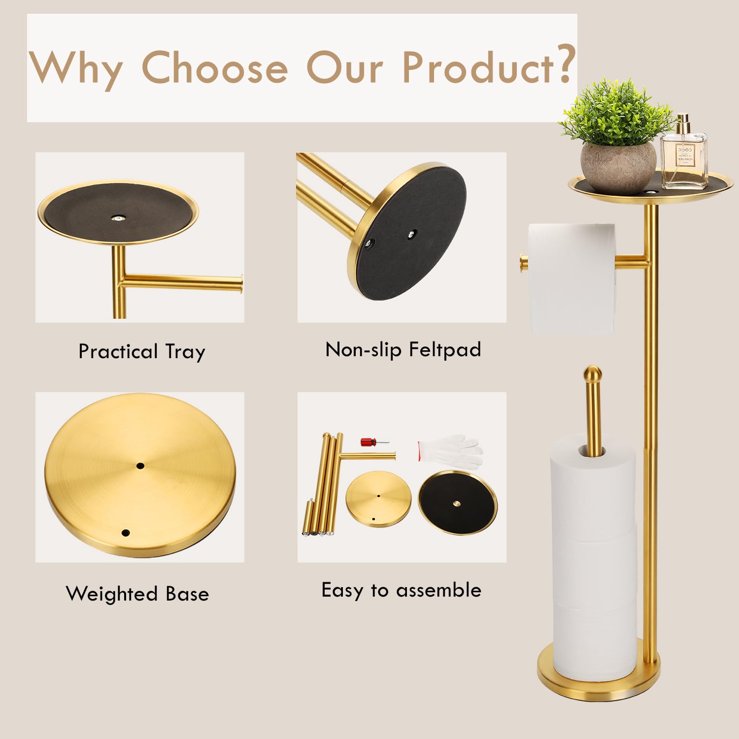 Kalitro Toilet Paper Holder Freestanding With Big Shelf, 4 Rolls Reserve Paper Holder Stand, Modern Paper Roll Holder With Stora