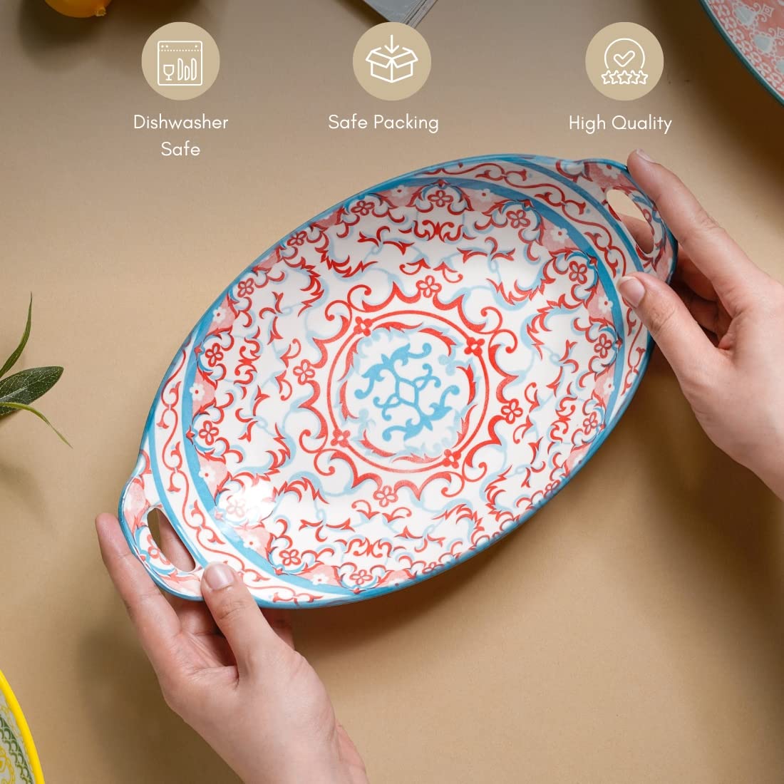 Nestasia Red and Blue Mandala Ceramic Long Dish with Handles for Serving Snacks, Appetizers, Salads, and Noodles| Microwave Safe