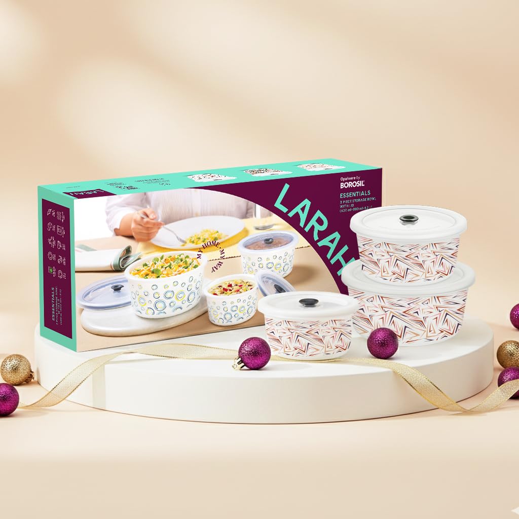 Larah By Borosil Comet Storage Bowls With Lids, 400 Ml+800 Ml+1.2 L, 3 Opal Glass Containers With Lid, Airtight Container Set Fo