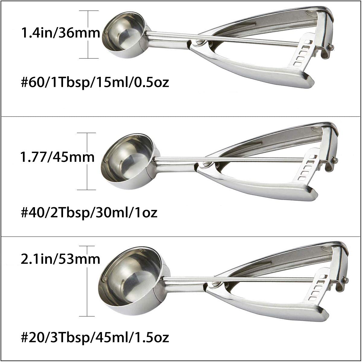 HOMURE H Cookie Scoop Set - 3 PCS Stainless Steel Scoops #60, #40, #20 - Silver, Large/Medium/Small for Baking