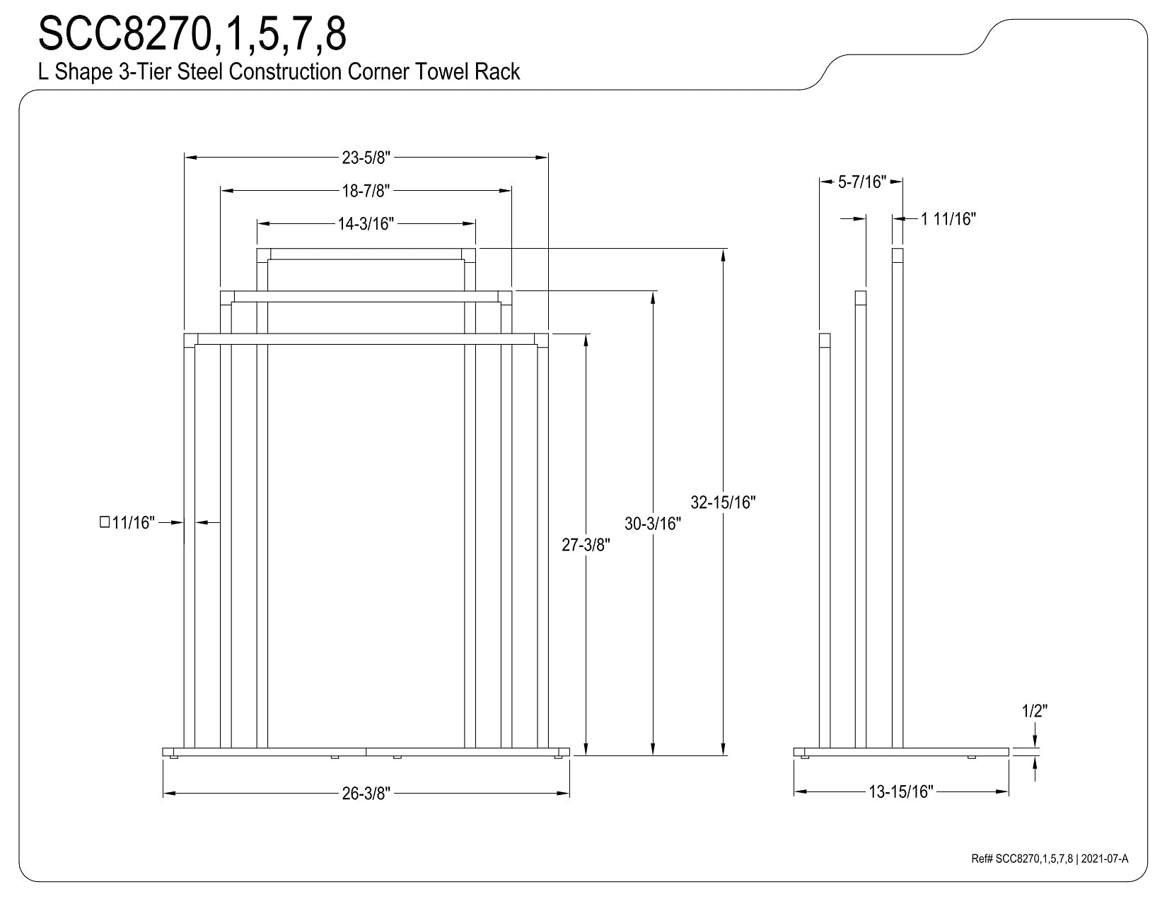 Kingston Brass SCC8278 L Shape 3-Tier Steel Construction Corner Towel Rack  Brushed Nickel