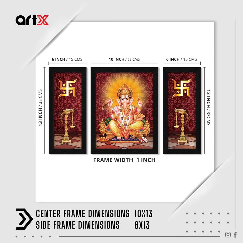 ArtX Paper God Ganesh Ji Swastika Photo Frame Wall Art Painting, Multicolor, Traditional, 13.0 X 22.0 Inches in, Set of 3