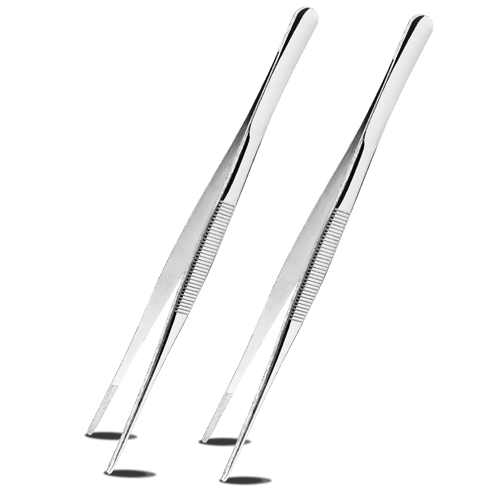 Suiwotin 2Pcs 10 Inch Cooking Tweezers Stainless Steel Kitchen Tweezers Long Tweezers With Straight Serrated Tip Heavy Duty Food