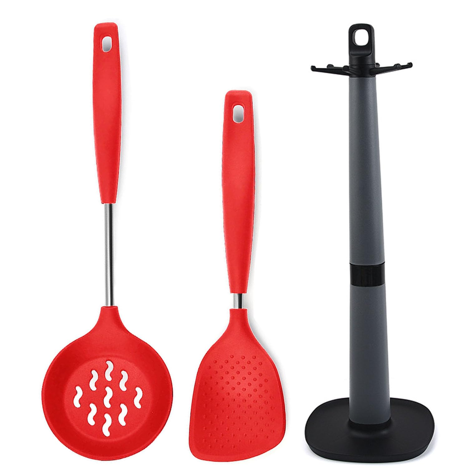 Besillia Silicone Non Stick Rice Spoon, Stainless Steel Skimmer Spatula Skimmer Slotted Spoon, Skimmer For Frying, Utensil Holde