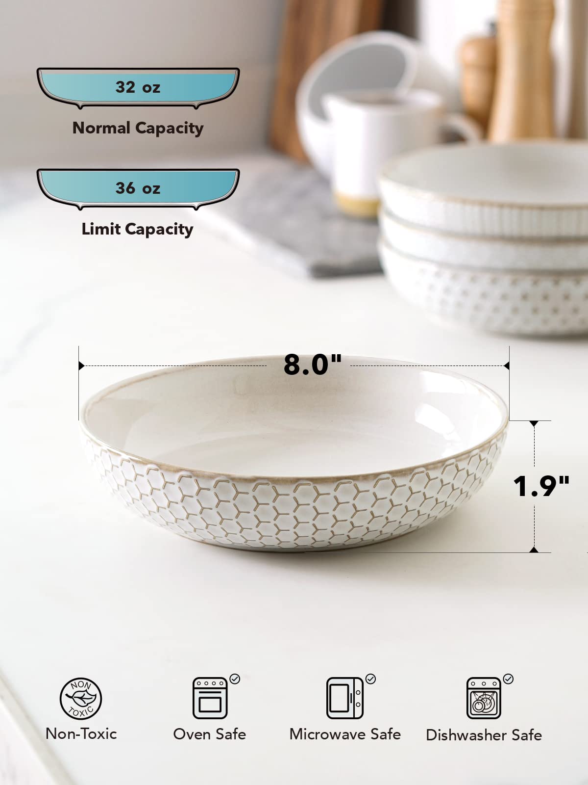 Le Tauci Pasta Bowl 36 Oz, Salad Bowl Serving Plate Bowls, Housewarming Wedding Present, Ceramic Embossment Bowl For Pasta, Frui