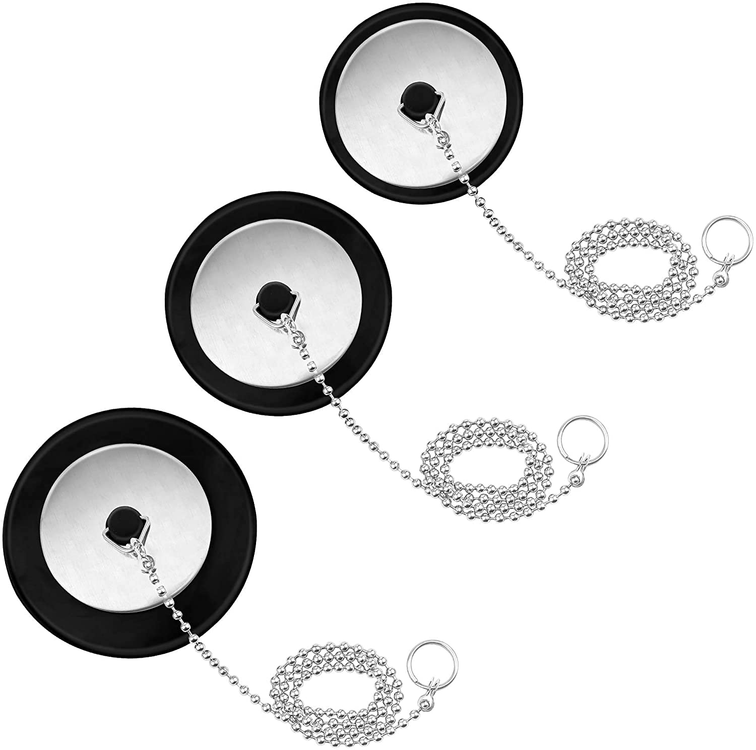 3Pcs Rubber Bath Tub Stopper Sink Plugs Kitchen Sink Drain Strainer With Stainless Steel Round Beaded Chain For 1-1/2 Inch To 2