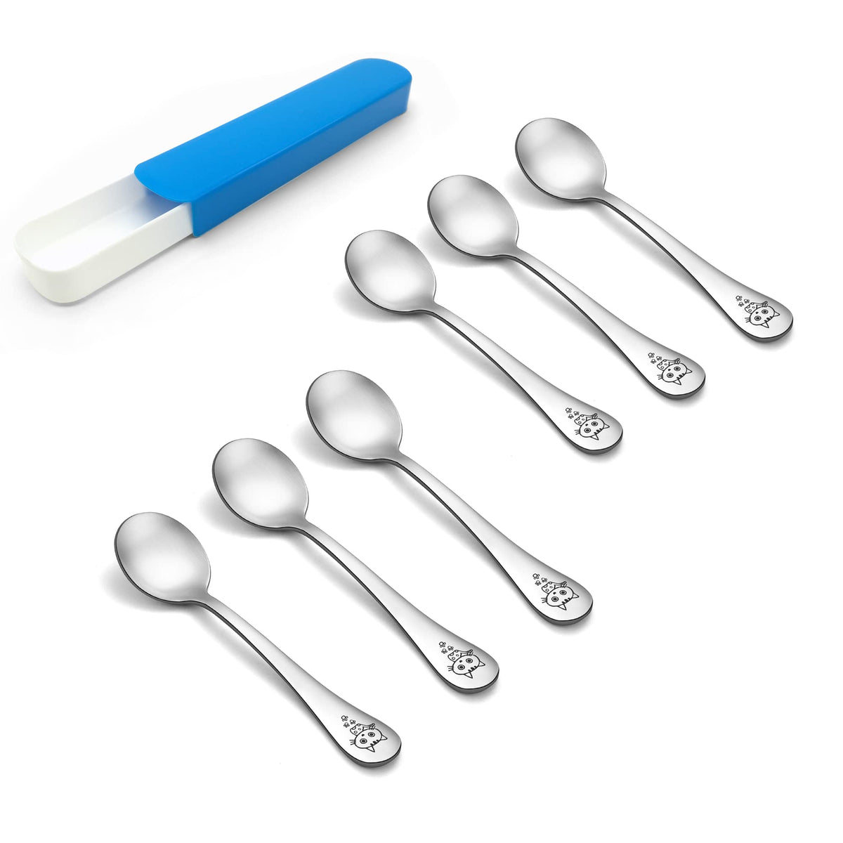 Teamfar Toddler Spoons, Stainless Steel Toddler Kids Spoon Set Silverware, Non Toxic & Healthy, Cute Animals & Attached Travel C