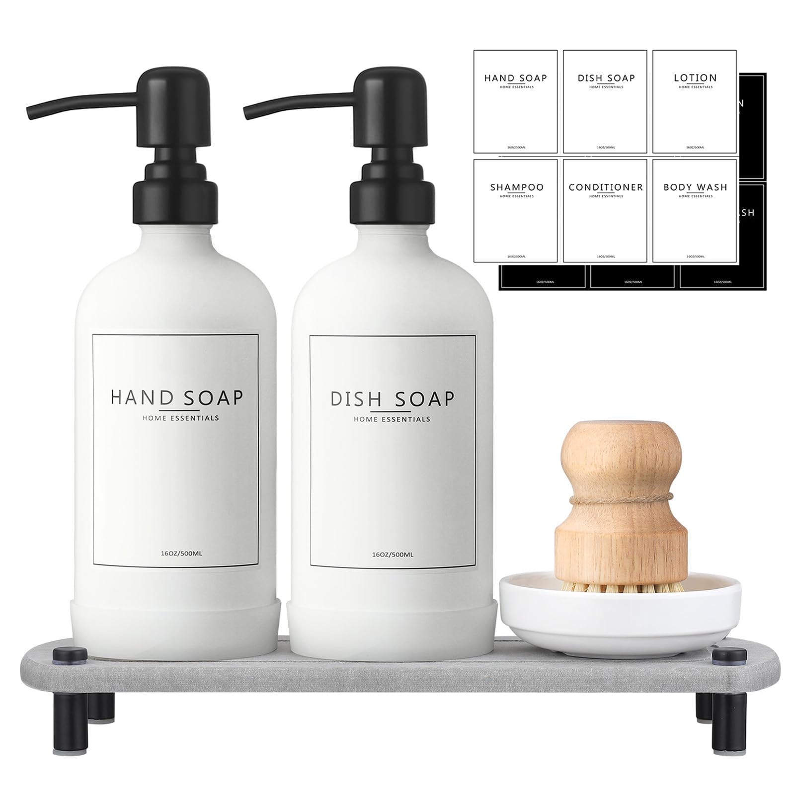 Neeczs Kitchen Soap Dispenser Set With Instant Dry Tray,16 Oz Hand And Dish Soap White Glass Dispenser Set,Stainless Steel Pump,