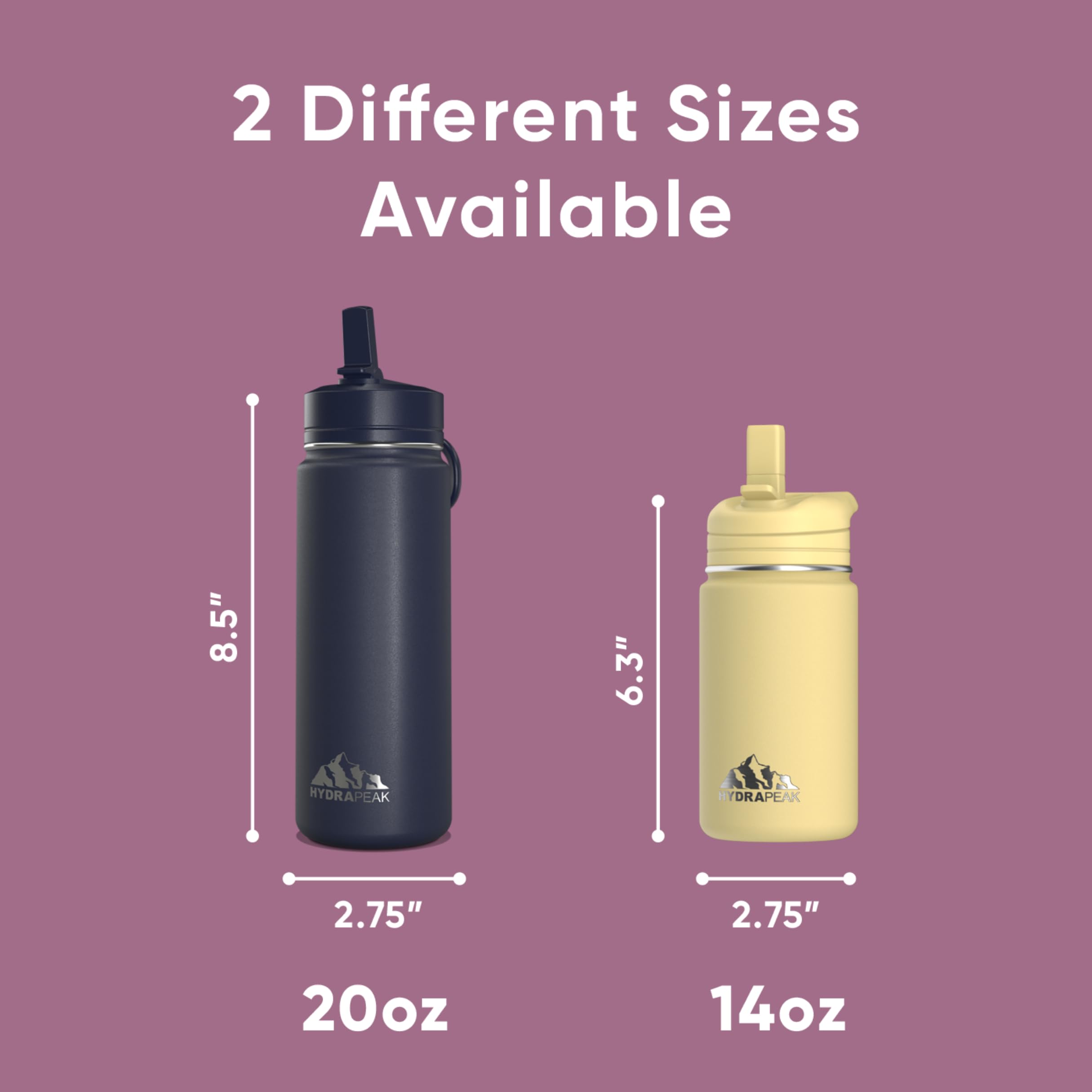 Hydrapeak Mini 14Oz Water Bottle With Straw Lid, Insulated Water Bottle, Water Bottle Stainless Steel, Water Bottles (Fuchsia)
