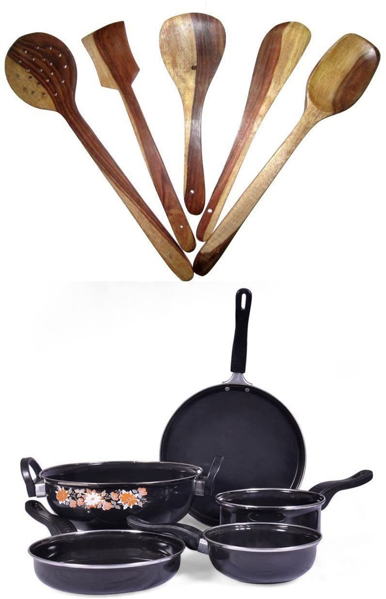 My Store Seasoned 5Piece NonStick Iron Cookware Set  Tawa | Kadhai | Fry Pan | Sauce Pan | Tadka Pan  Professional Kitchenwa