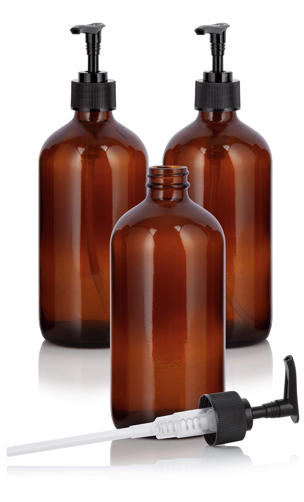 16 Oz Amber Glass Boston Round Bottle With Black Lotion Pump Dispenser (3 Pack)