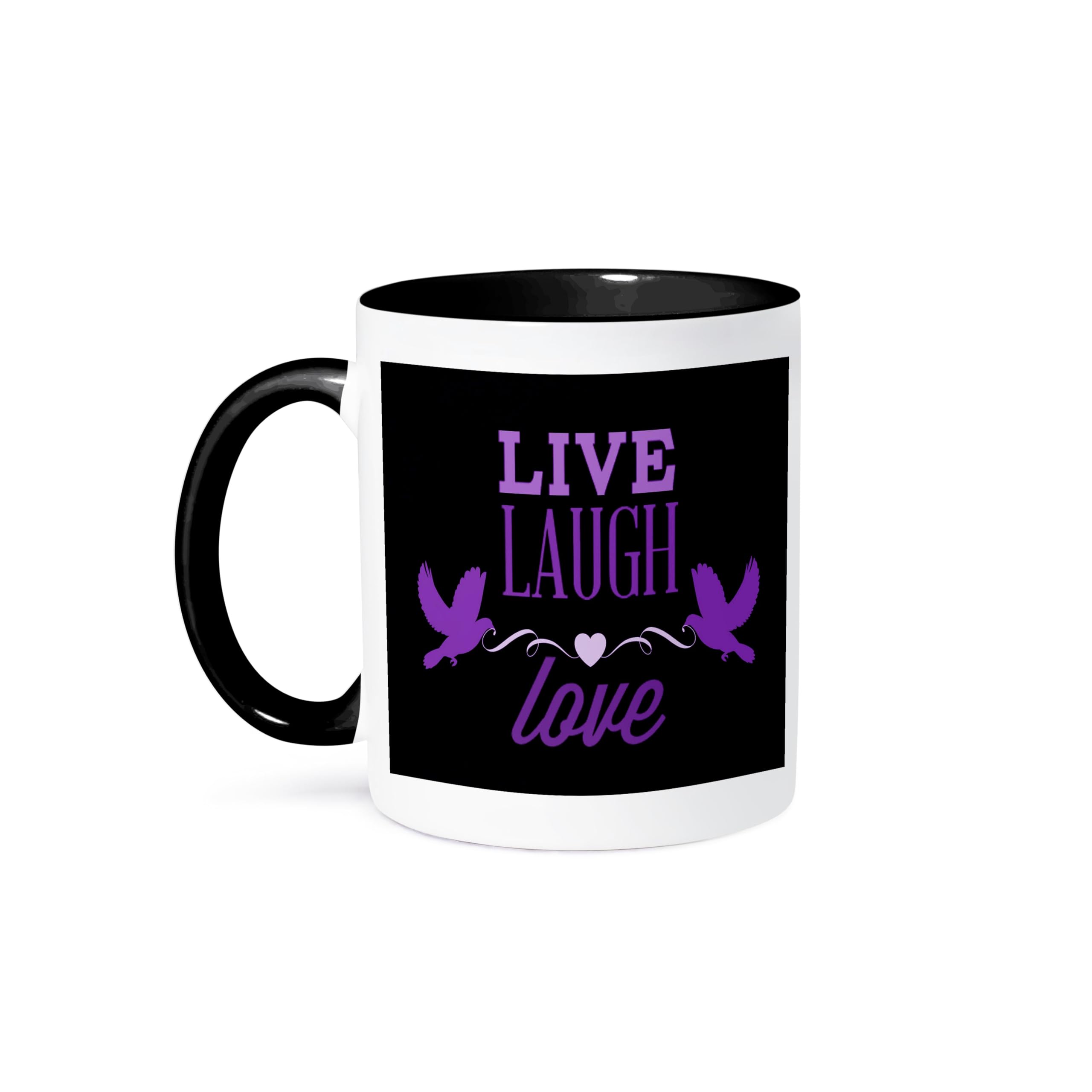 3dRose Live Laugh Love in Purple with A Heart Birds Two Tone Mug, 11 oz, Black