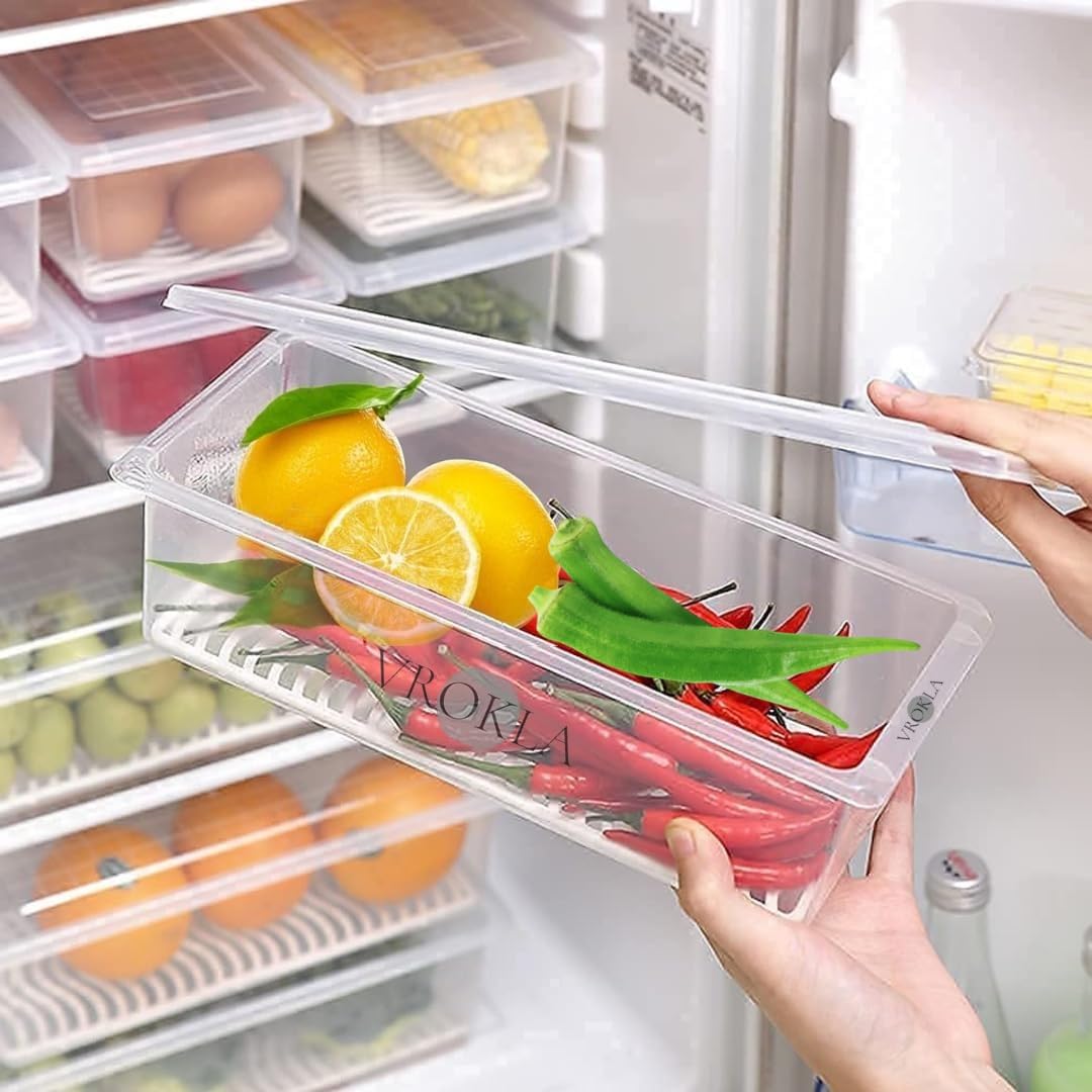 Vrokla 4Pcs Fridge Storage Boxes Fridge Organizer With Removable Drain Plate And Lid Stackable Fridge Storage Containers Plastic