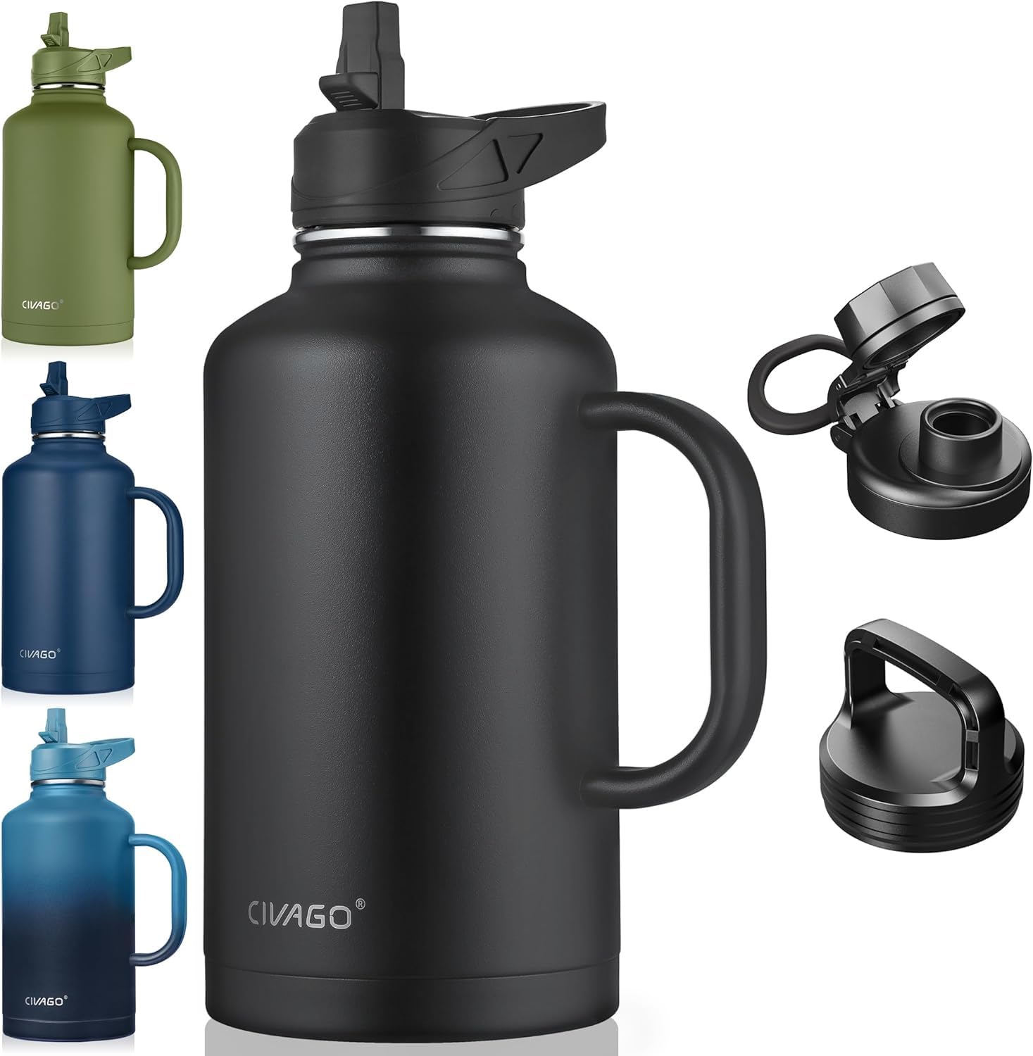 CIVAGO 64 oz Insulated Water Bottle Jug with Straw and Handle, Half Gallon Stainless Steel Water Flask, Large Sports Metal Water