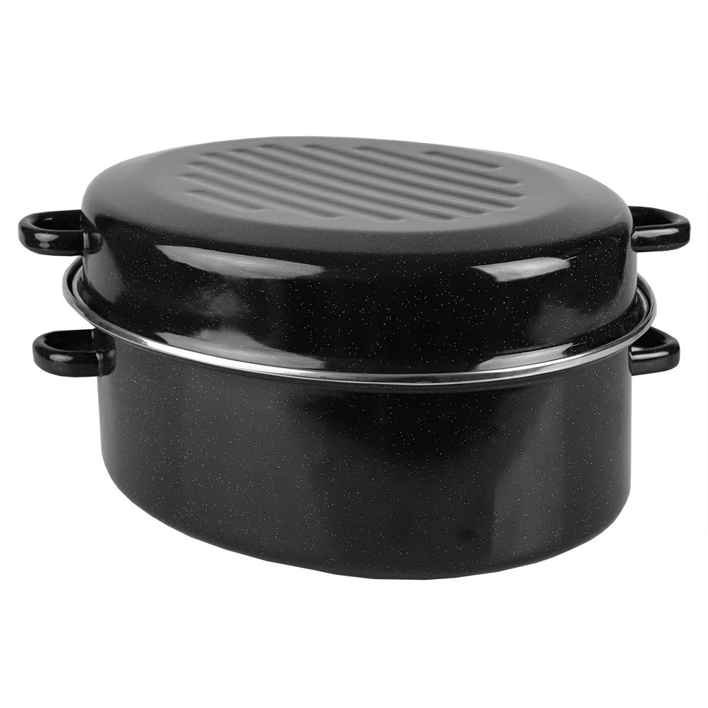 16'' Enameled Roasting Pan With Lid, By Home Basics (Black) | Turkey Roasting Pan | Carbon Steel Large Turkey Roasting Pan | For