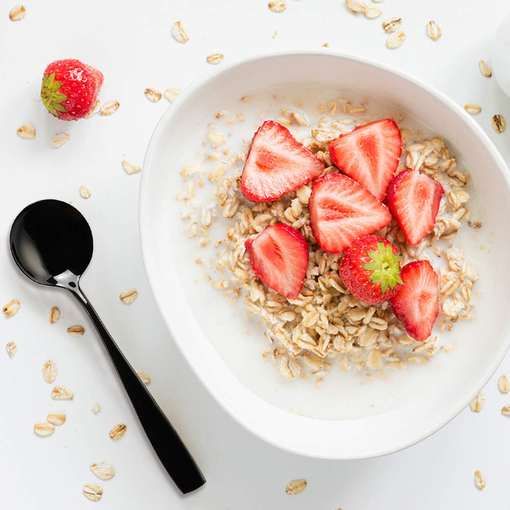 Teyyvn 16-Piece Round Soup Spoons, Black Stainless Steel Bouillon Spoon