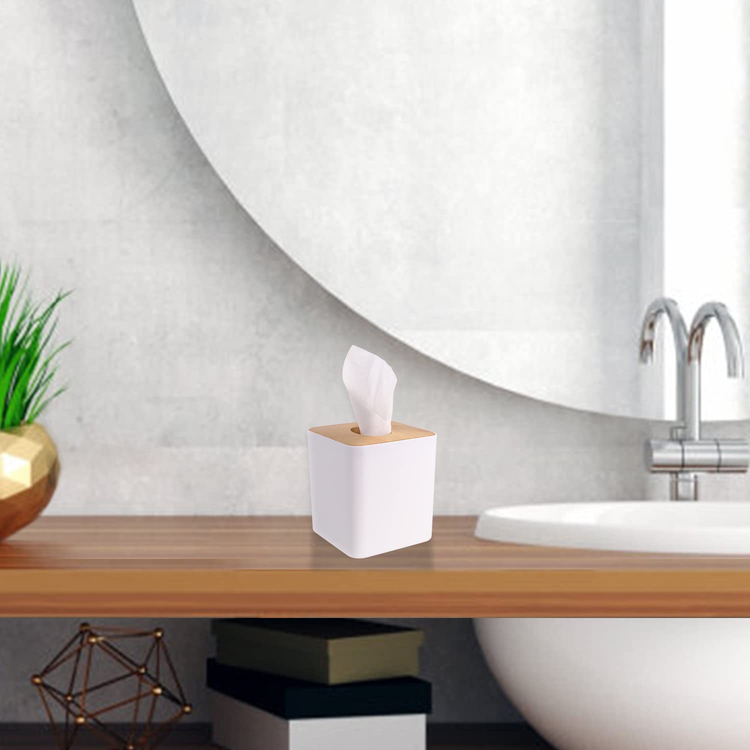 Tissue Box Cover,Tissue Holders,Tissue Box Holder For Bathrooms,Bamboo Cover Plate,Home And Office,5 * 5 * 5.4In (White)