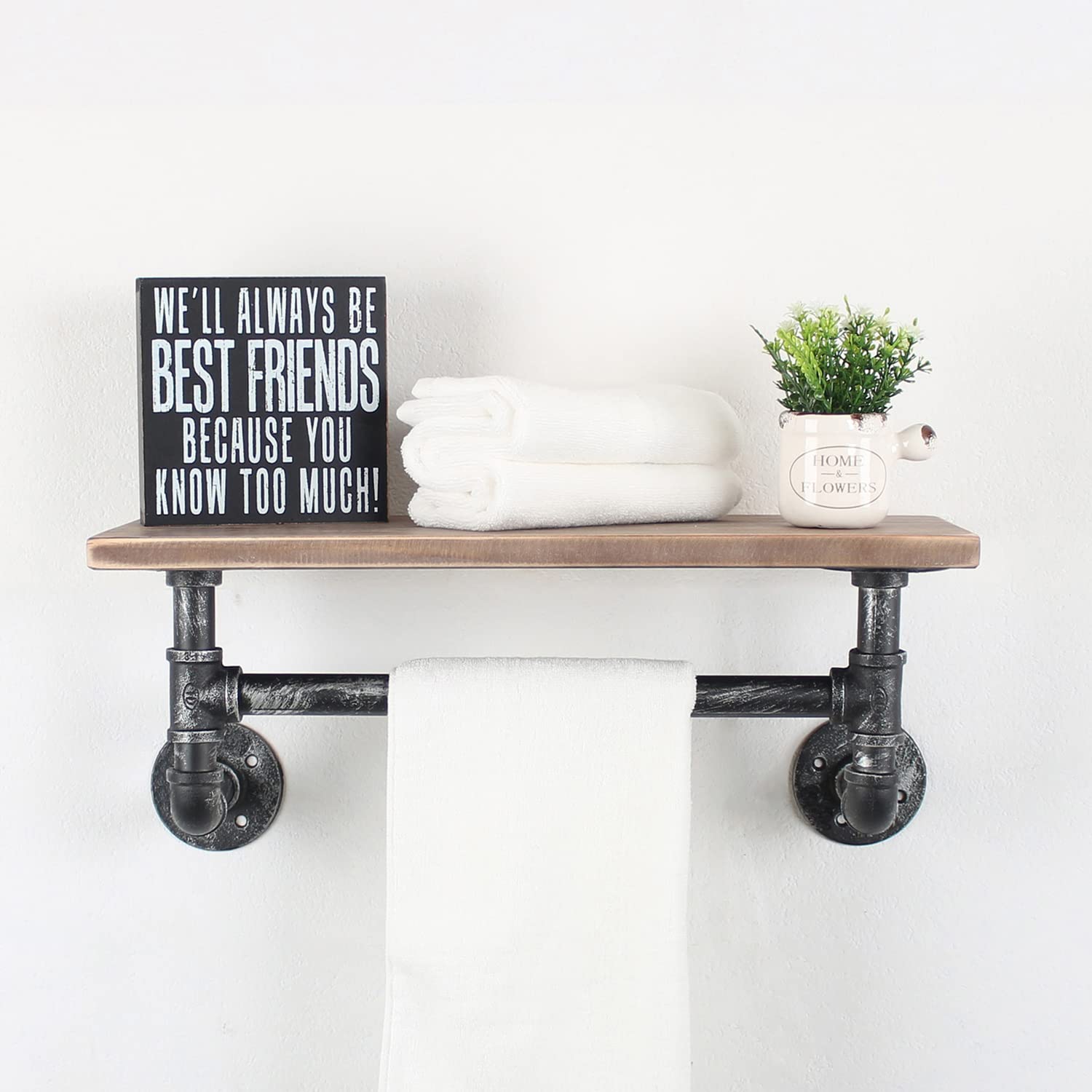 Industrial Pipe Shelf Bathroom Shelves Wall Mounted 19.6in Rustic Wood Shelf with Towel Bar 1 Tier Farmhouse Towel Rack Over Toilet Pipe Shelving Floating Shelves Towel Holder Retro Grey