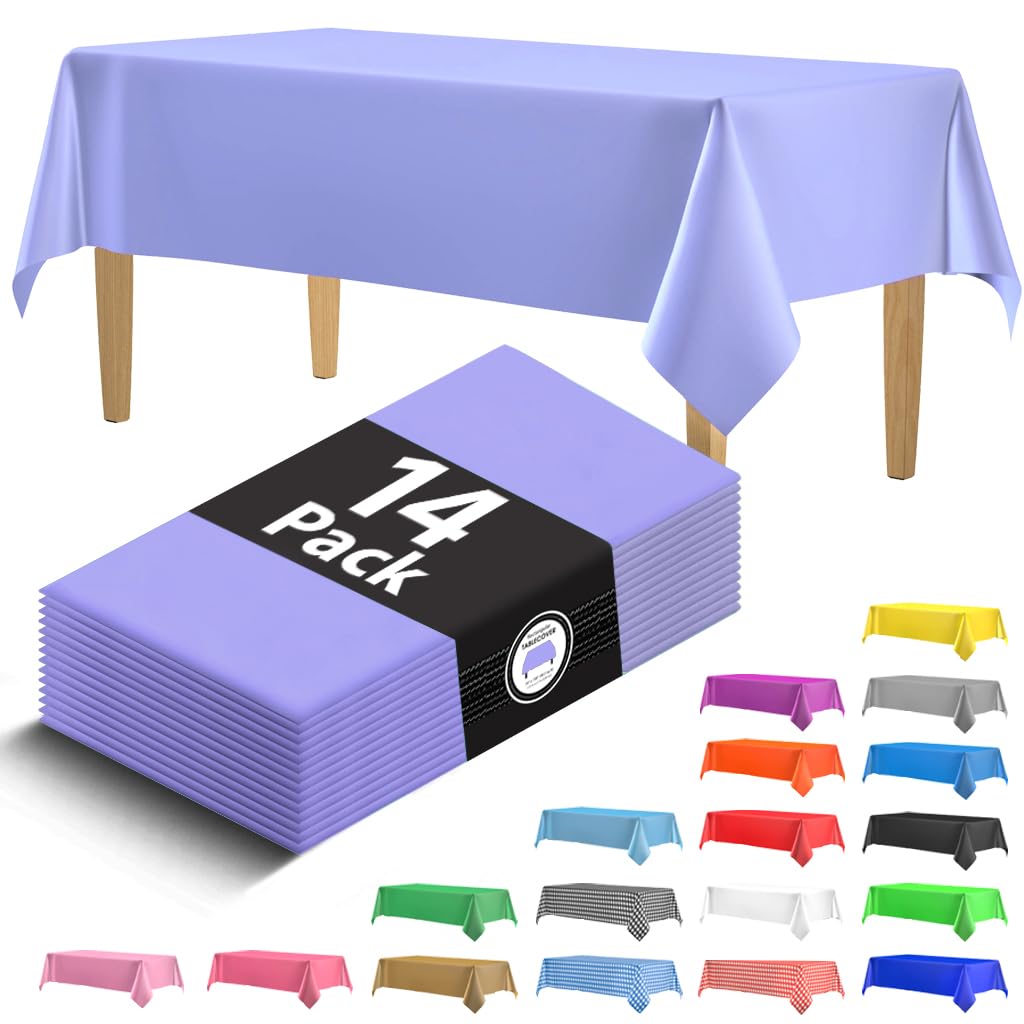 14 Pack Premium Lavender Plastic Tablecloth - 54 X 108 In. Disposable Rectangle Plastic Table Cloth - Decorative Rectangle Table