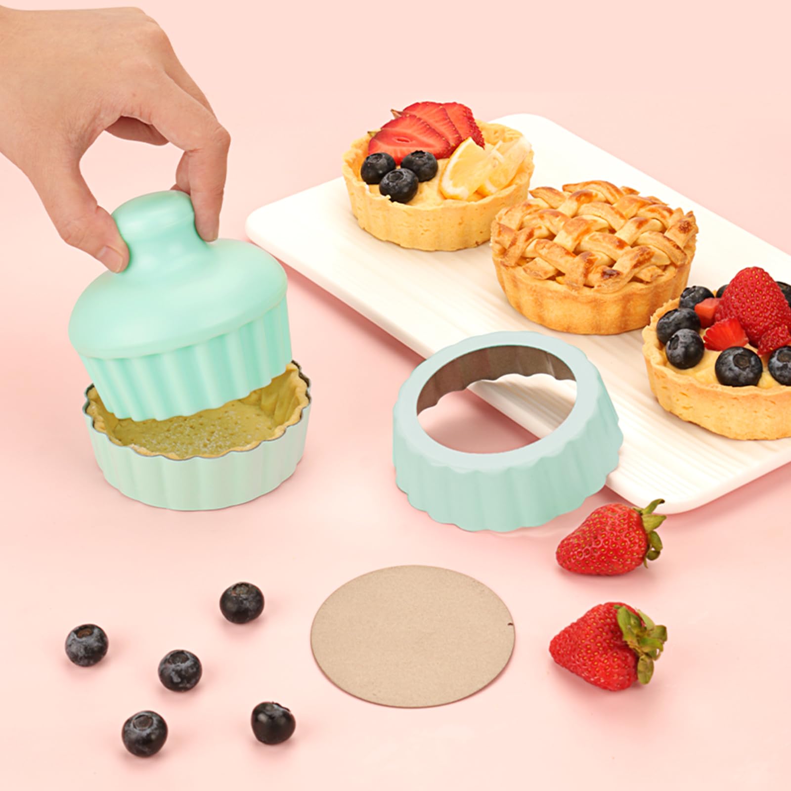 Lifvcnt Mini Tart Pan With Tamper, Non-Stick 4-Inch Carbon Steel Mini Pie Pan For Baking, Green Mini Quiche Pan Tin Shell Mold W