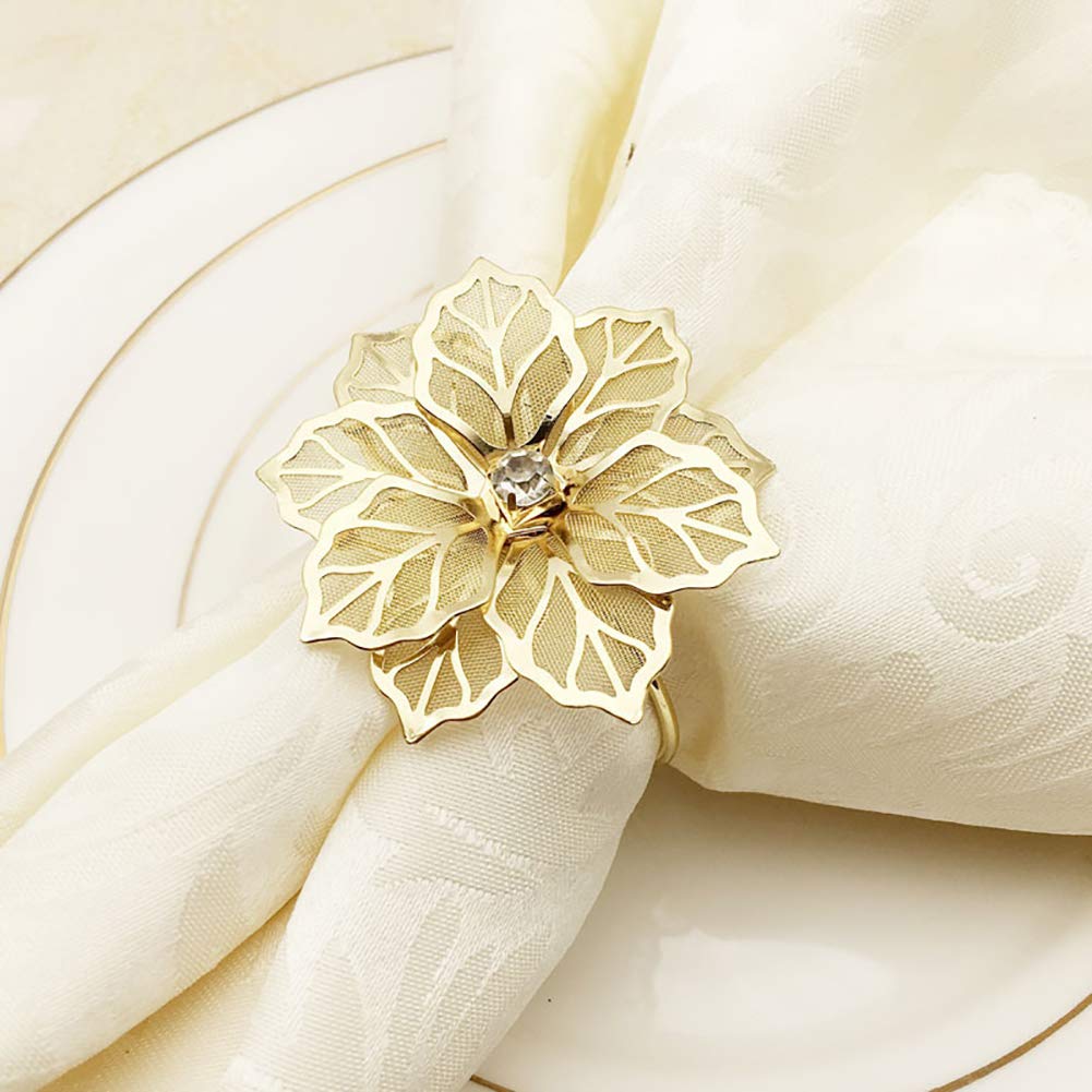 Nagu Flower Napkin Rings Set Of 6, Hollow Out Floral Napkin Holder Adornment Exquisite Household Napkins Rings Set Rhinestone Na