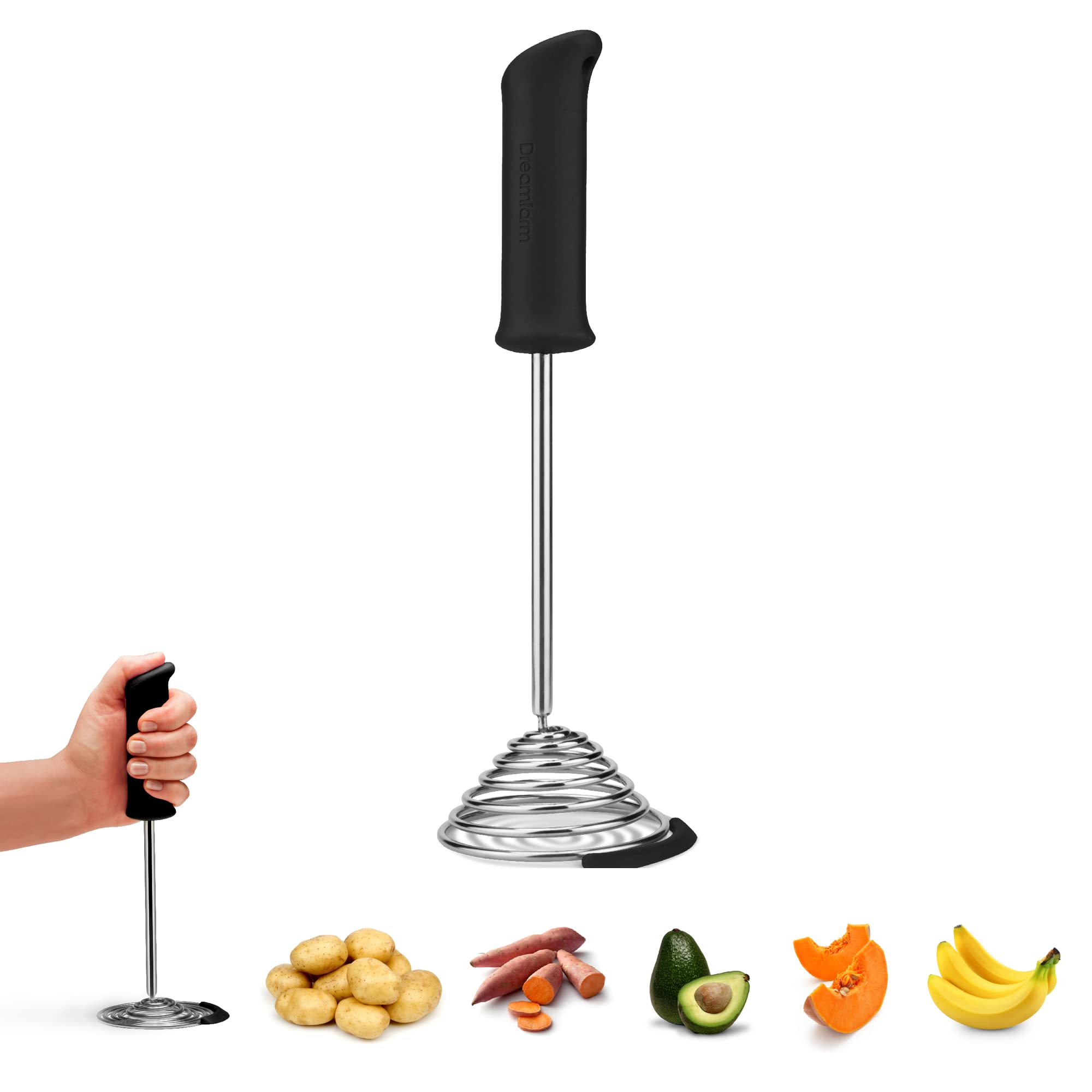 Dreamfarm Smood | One-Handed Stainless-Steel Vegetable & Potato Masher With Soft Grip And Bowl Scraper | Black