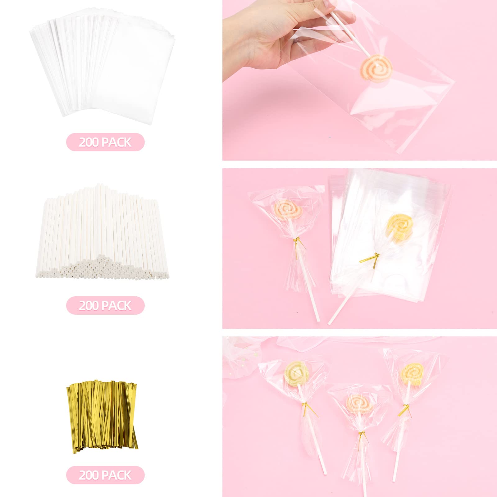600 Pcs Cake Pop Sticks And Wrappers Kit, Including 6 Inch Paper Lollipop Sticks,4 X 6 Inches Clear Candy Treat Bags, Plastic Ca