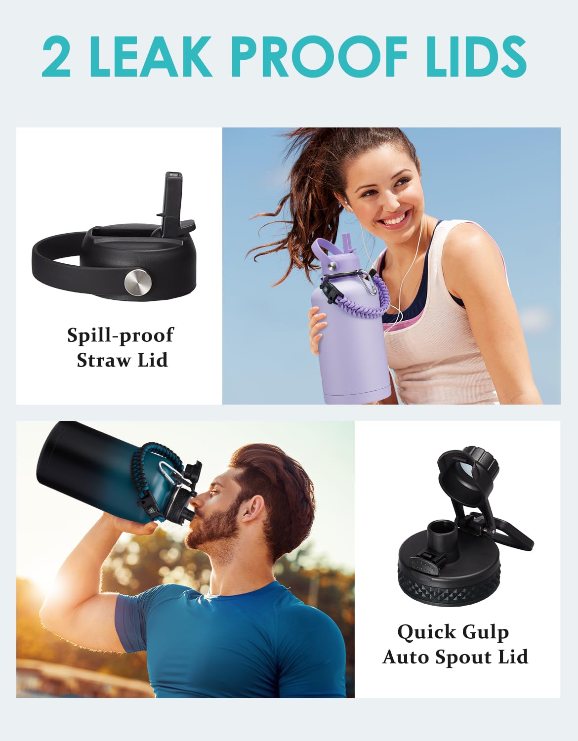 64 oz Insulated Water Bottle with Straw & Auto Spout Lids  Paracord Handle  Half Gallon Waterbottle Strap Carrier & Protective Boot  Wide Mouth Metal Canteen Thermo Mug  Leak-proof Sports Hydro Jug