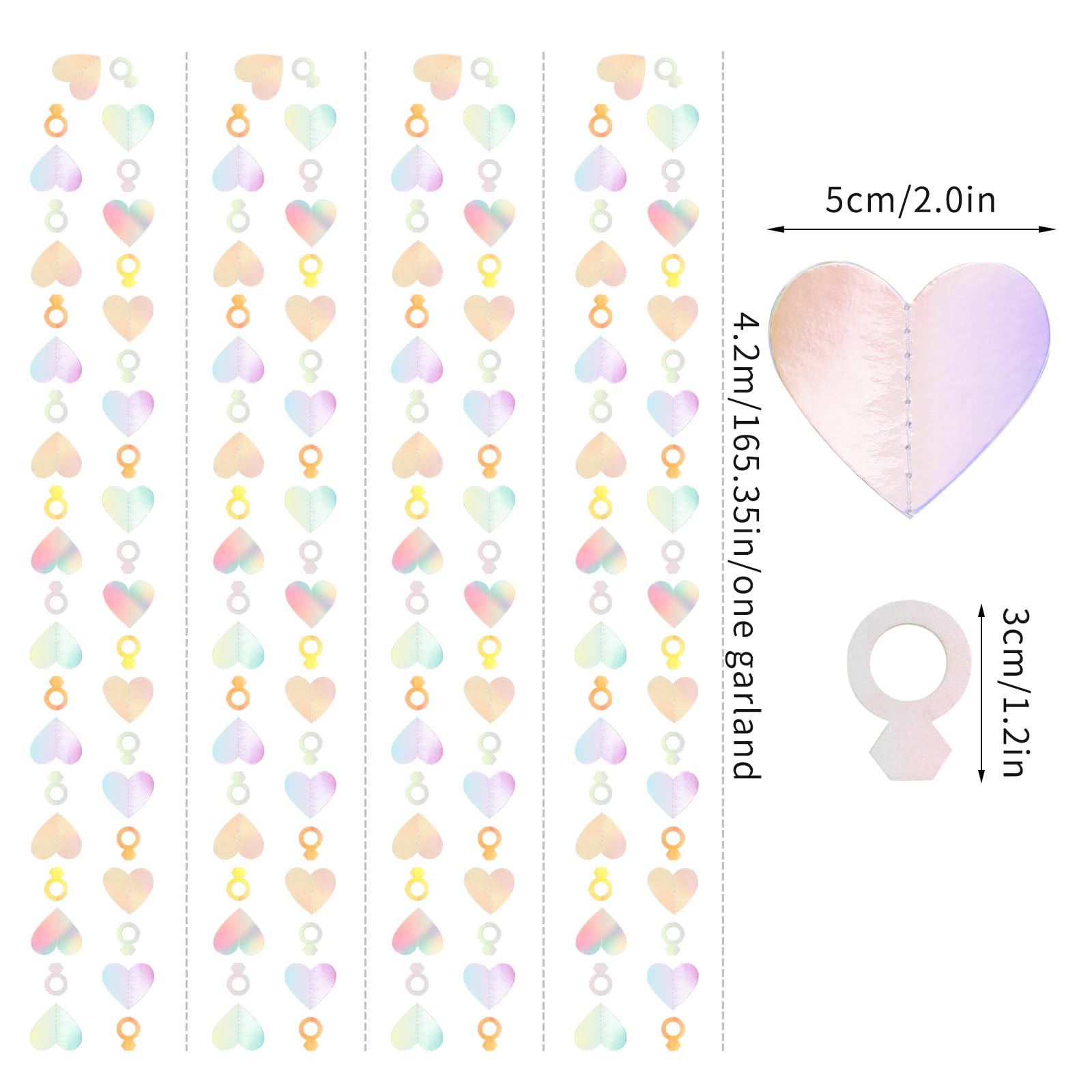 Engagement Bachelorette Party-Decorations Iridescent Heart-Ring Garland - 52Ft Holographic Disco Wedding Paper Streamers Banner,