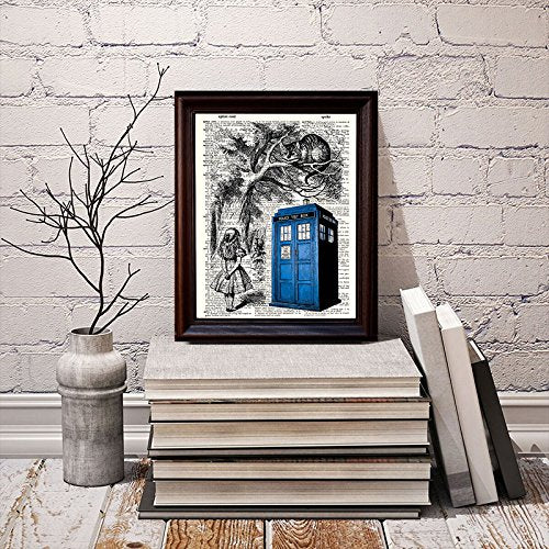 Dictionary Art Print - Tardis, Alice, And Cheshire Cat - Printed On Recycled Vintage Dictionary Paper - 8.5''X11'' - Mixed Media