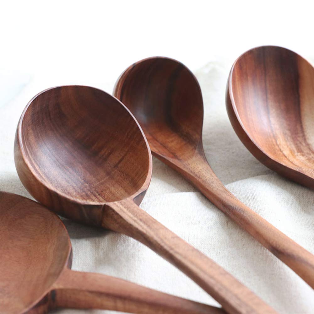 Fjnatinh Wooden Soup Ladle Set, Kitchen Spoon Set Utensils, 4 Pcs Handmade Natural Teak Cooking Spoons, Long Handle Wooden Soup