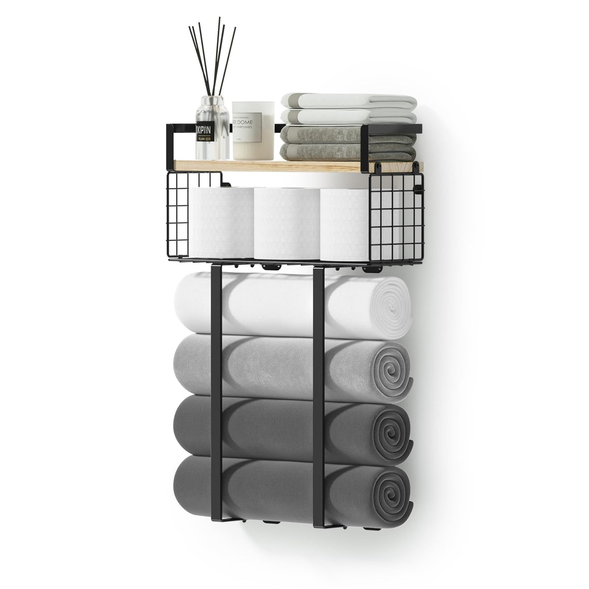 Towel Racks For Bathroom, Metal Towel Holder With Storage Basket,Wall Towel Rack For Rolled Towels, Towel Storage For Small Bath
