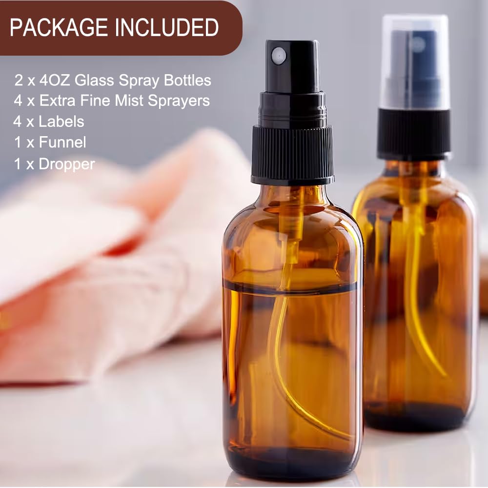 Lanbeautify 4 Oz Amber Glass Spray Bottles - Small Empty Fine Mist Spray Bottle For Essential Oil,Face - Mini Dark Spray Bottles