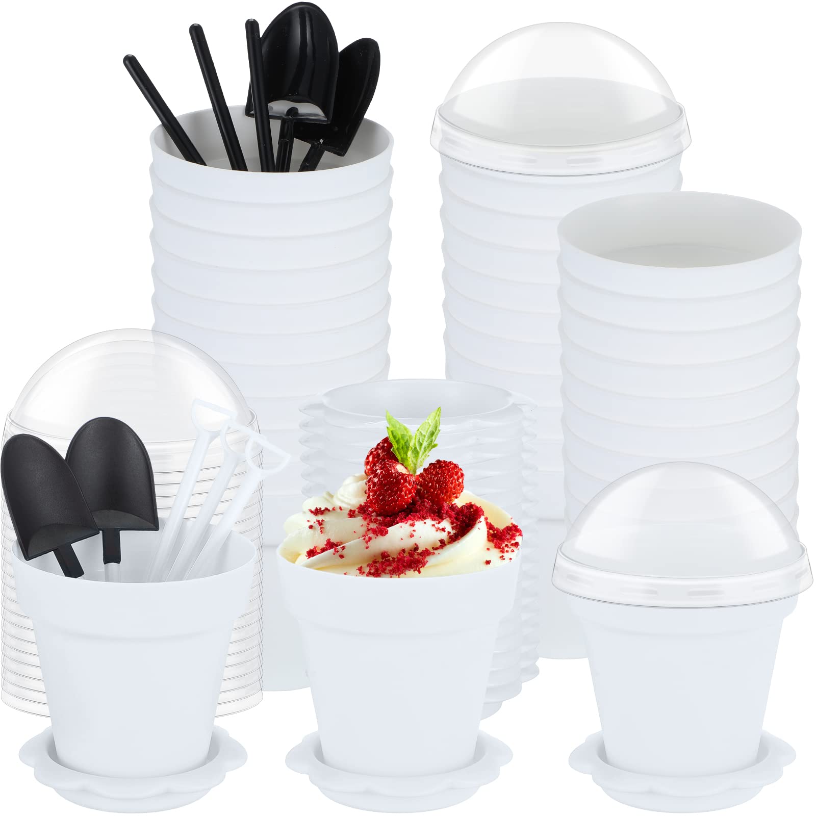 Honeydak 50 Pack Flowerpot Dessert Cup Plastic Cake Cups with Lid Shovel Spoon Bottom Tray Small Flower Pot Cups Dessert Ice Cre