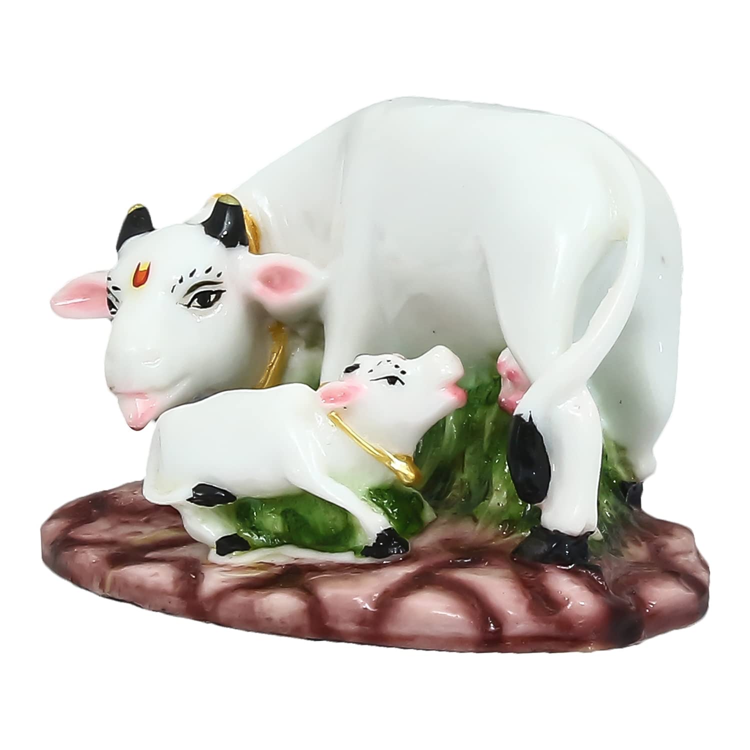 Ecraftindia Colorful Cow And Calf Statue Polyresin Statue (12.5 Cm X 7.5 Cm X 7.5 Cm, White And Green)