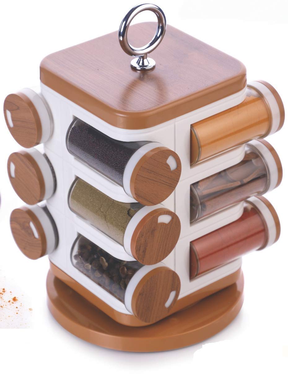 Elevea    Masala Rack Set 12, Spice Kit For Kitchen, Rotating Spice Container Set With Clear Jars, Easy Storage For Spices Herbs